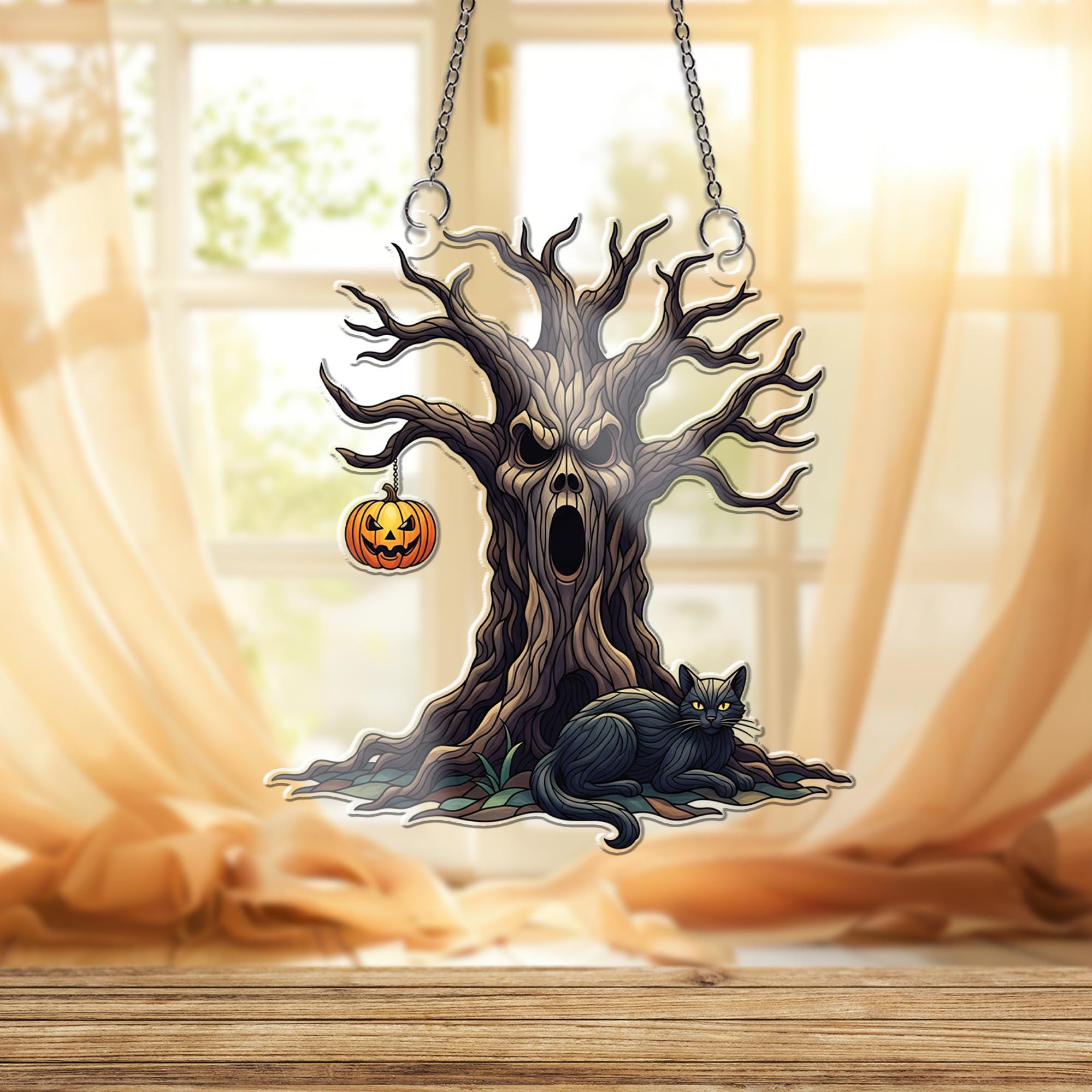 Spooky Tree & Black Cat Window Hanging – Halloween Haunted Tree with Pumpkin Lantern Suncatcher for Creepy Fall Home Decor
