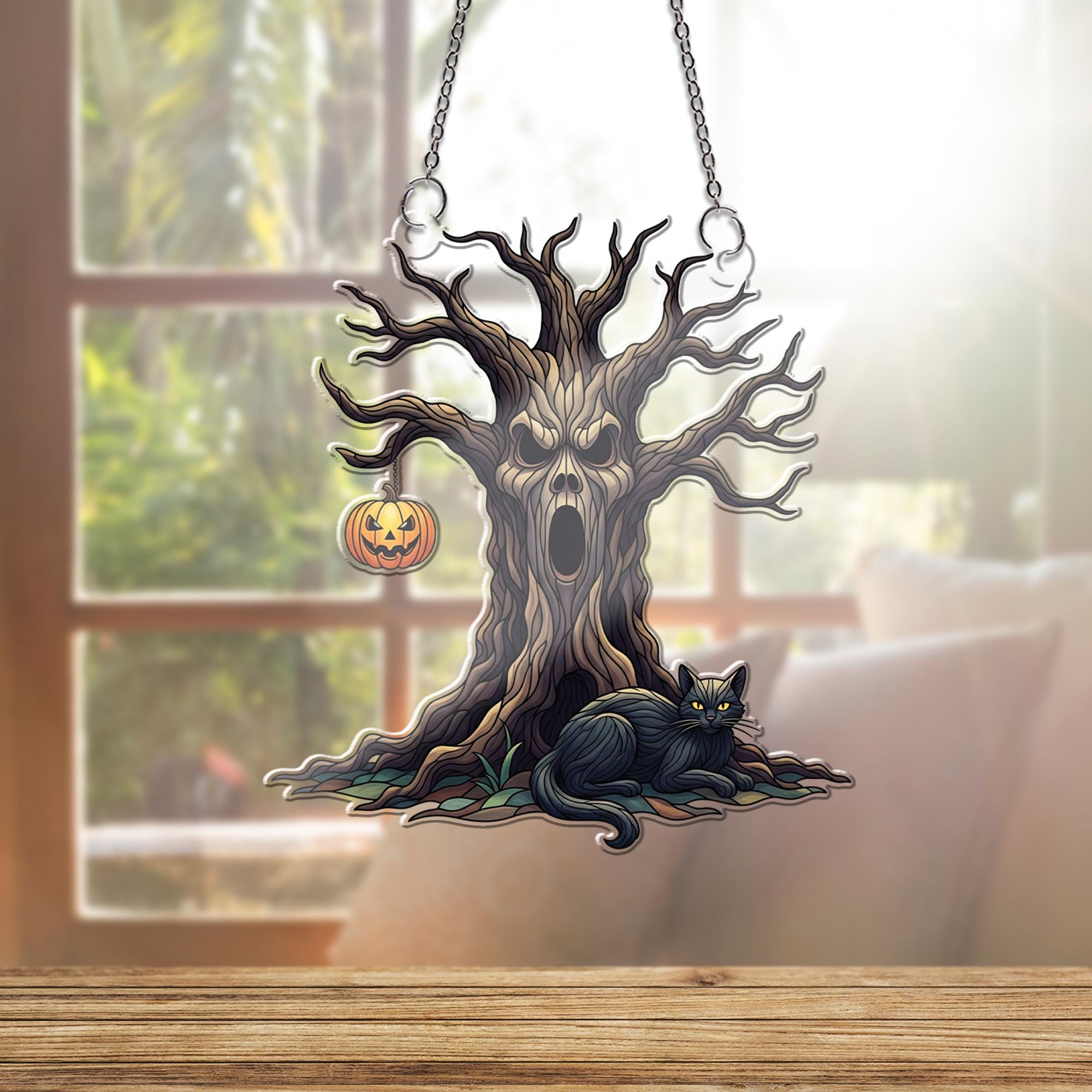 Spooky Tree & Black Cat Window Hanging – Halloween Haunted Tree with Pumpkin Lantern Suncatcher for Creepy Fall Home Decor
