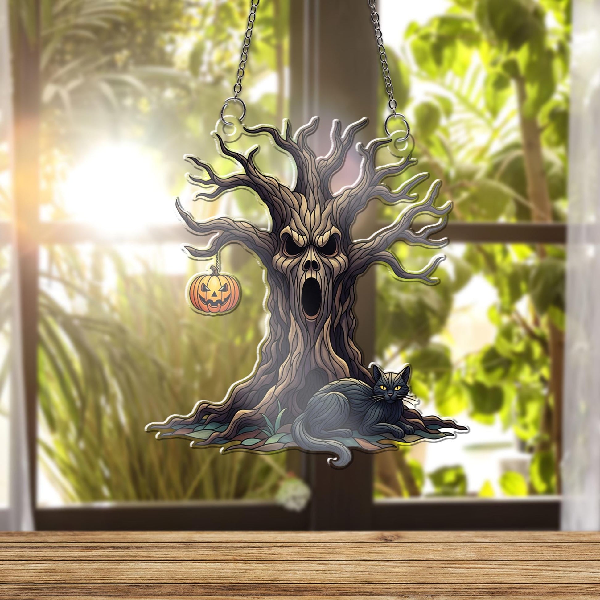 Spooky Tree & Black Cat Window Hanging – Halloween Haunted Tree with Pumpkin Lantern Suncatcher for Creepy Fall Home Decor