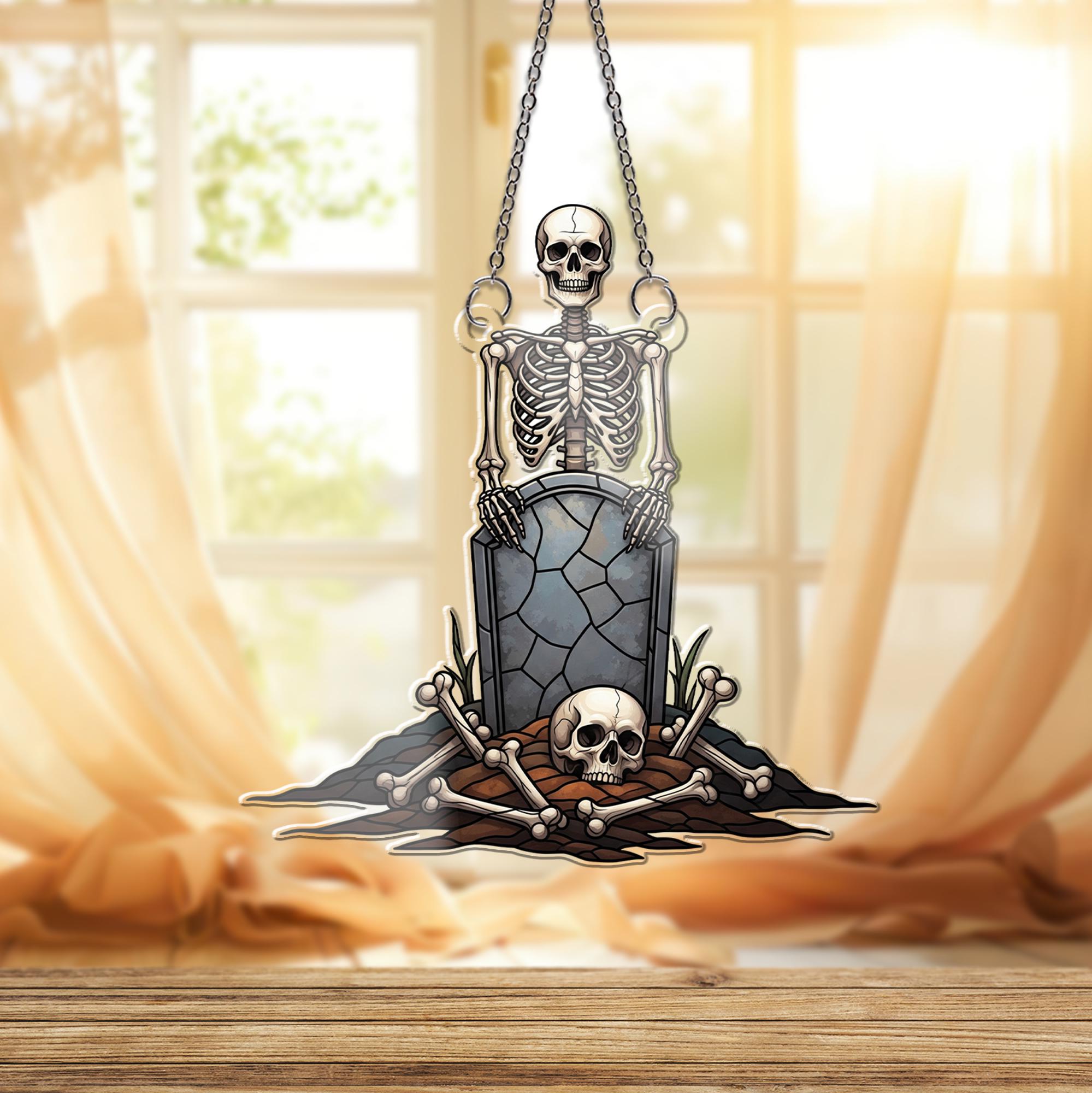 Skeleton Graveyard Window Hanging – Creepy Halloween Suncatcher with Skull and Tombstone for Spooky Gothic Home Decor