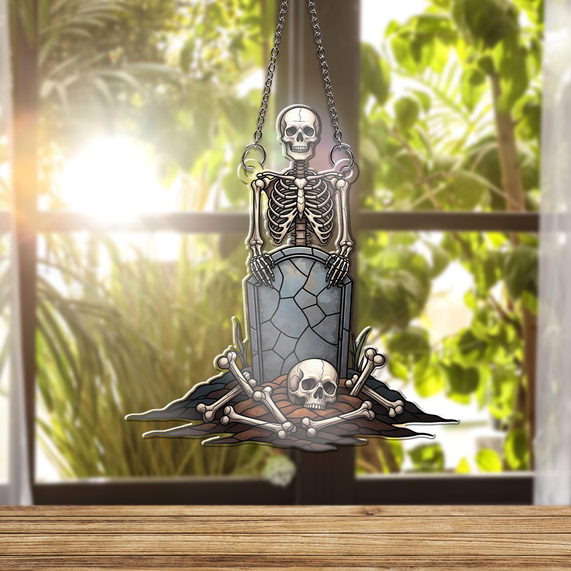 Skeleton Graveyard Window Hanging – Creepy Halloween Suncatcher with Skull and Tombstone for Spooky Gothic Home Decor