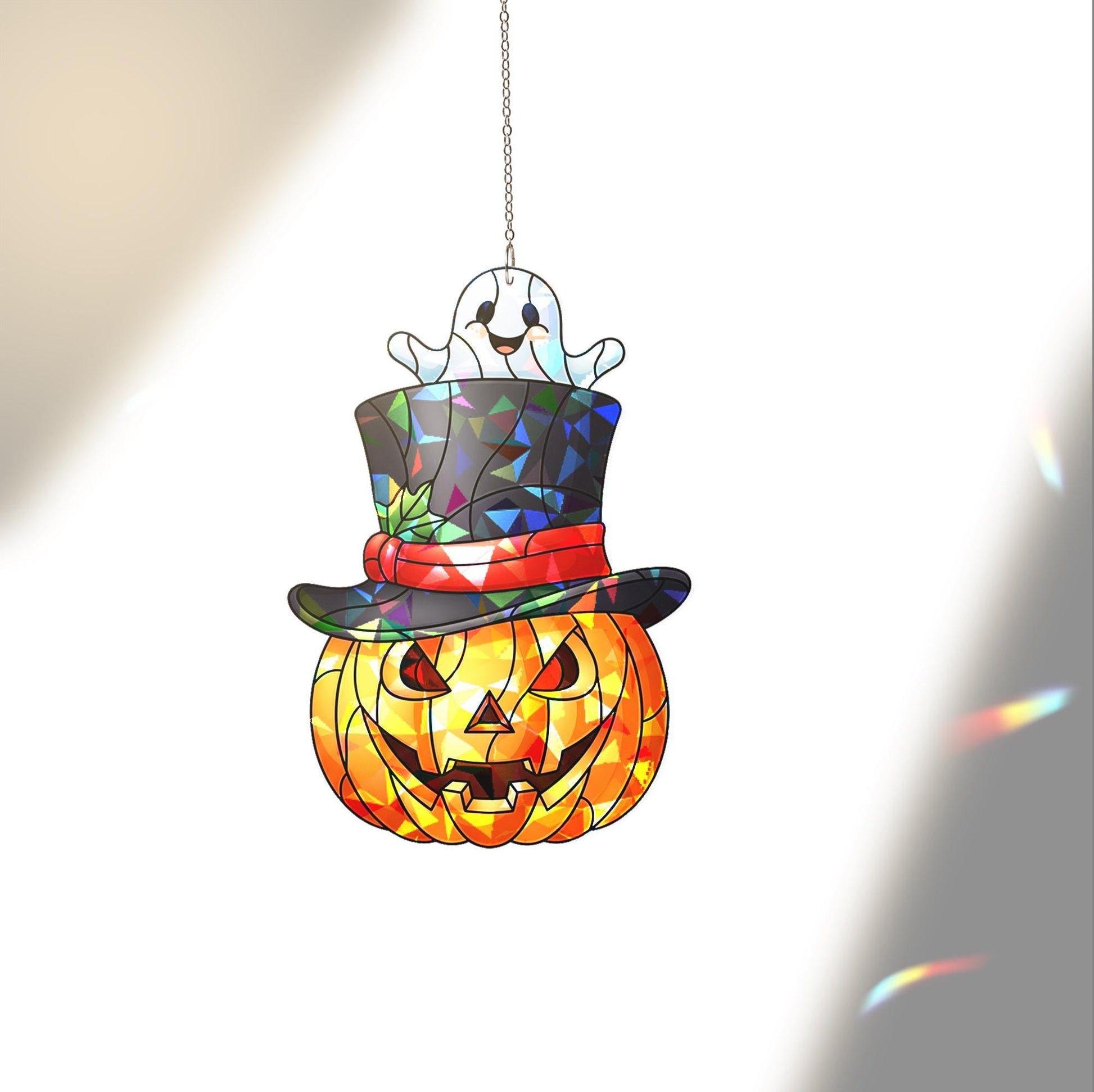 Holographic Pumpkin Ghost Window Hanging – Halloween Jack-O’-Lantern Suncatcher with Top Hat for Spooky Fall Home Decor