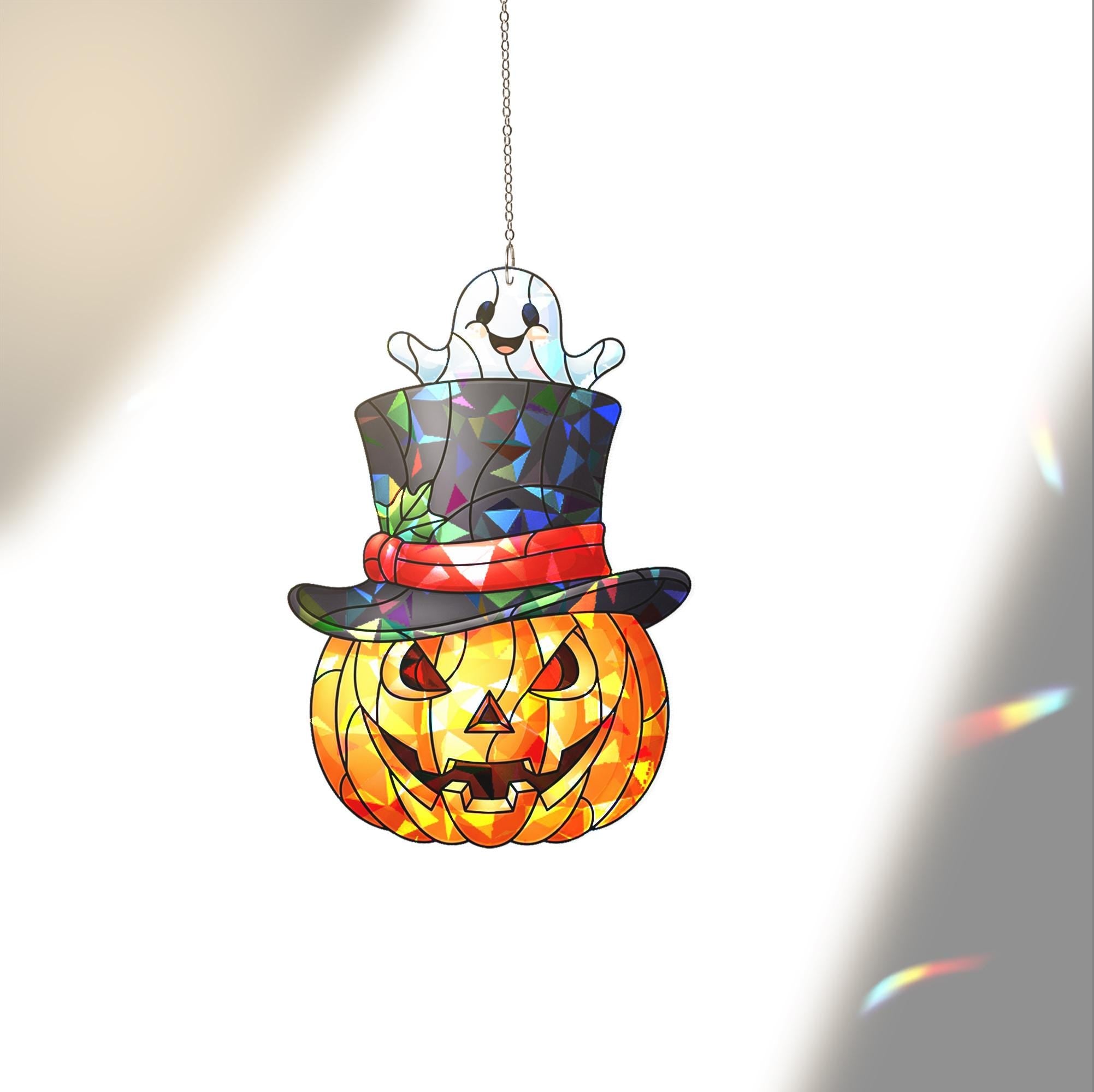 Holographic Pumpkin Ghost Window Hanging – Halloween Jack-O’-Lantern Suncatcher with Top Hat for Spooky Fall Home Decor