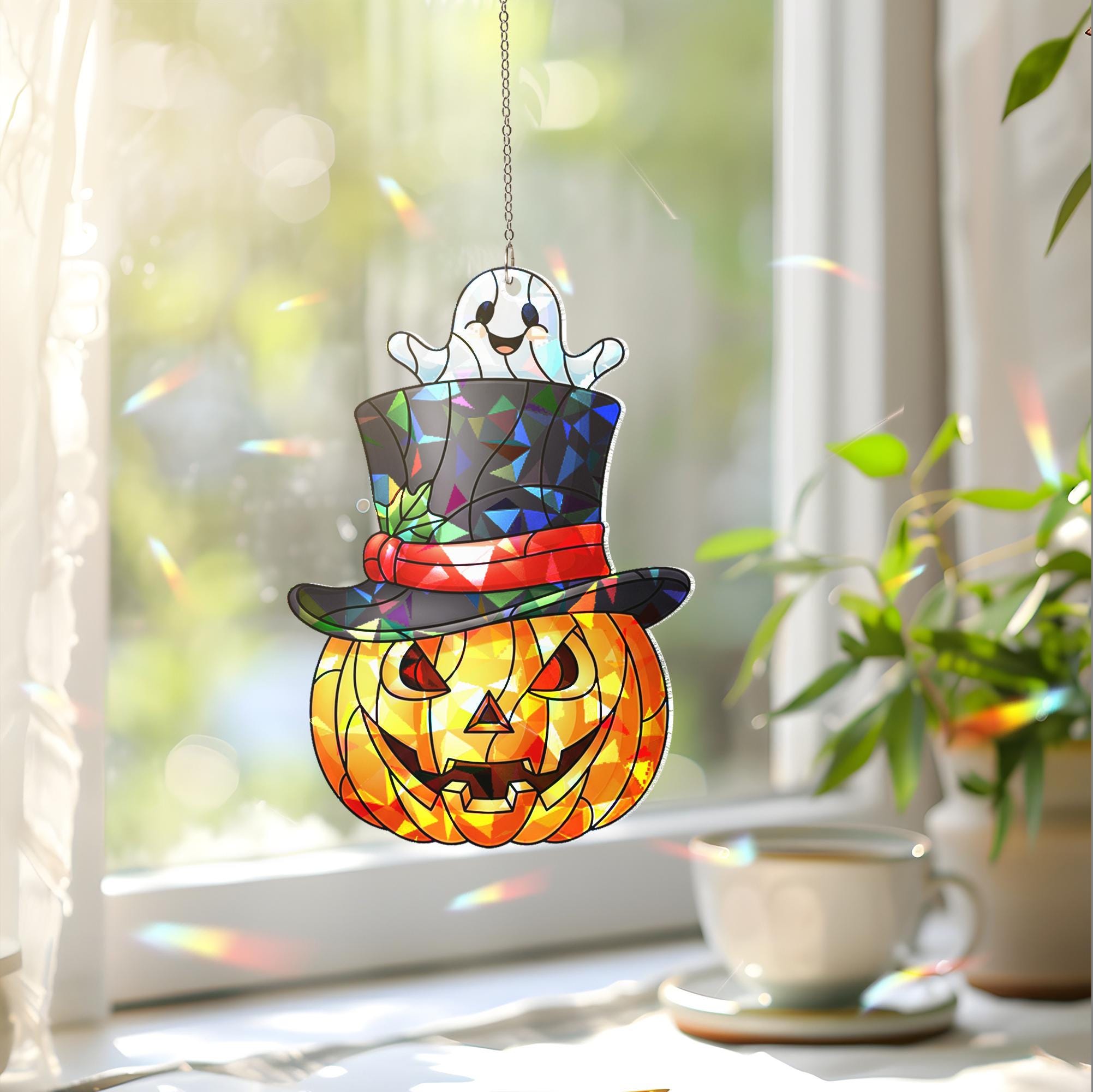 Holographic Pumpkin Ghost Window Hanging – Halloween Jack-O’-Lantern Suncatcher with Top Hat for Spooky Fall Home Decor
