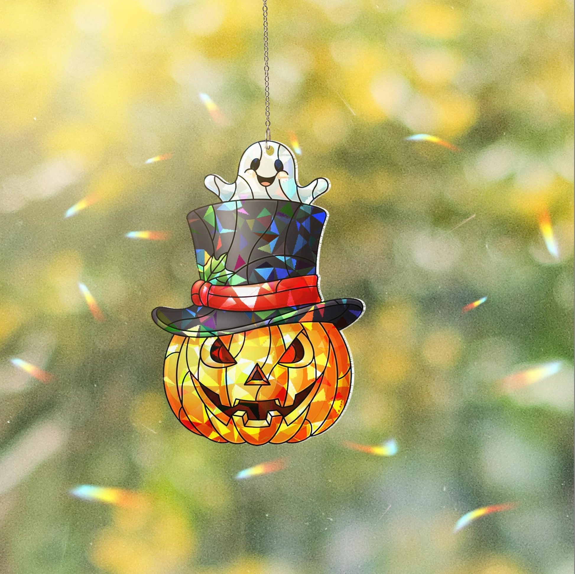 Holographic Pumpkin Ghost Window Hanging – Halloween Jack-O’-Lantern Suncatcher with Top Hat for Spooky Fall Home Decor