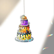 Halloween Cake Holographic Window Hanging – Cute Spooky Layered Cake Suncatcher with Ghosts, Spiderwebs & Pumpkin Décor