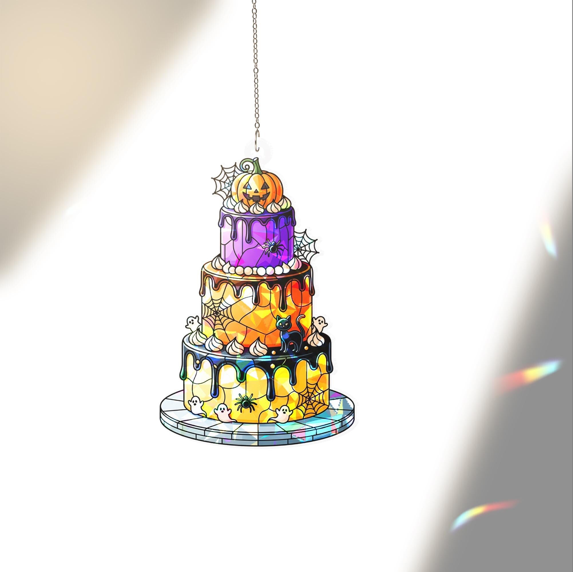 Halloween Cake Holographic Window Hanging – Cute Spooky Layered Cake Suncatcher with Ghosts, Spiderwebs & Pumpkin Décor