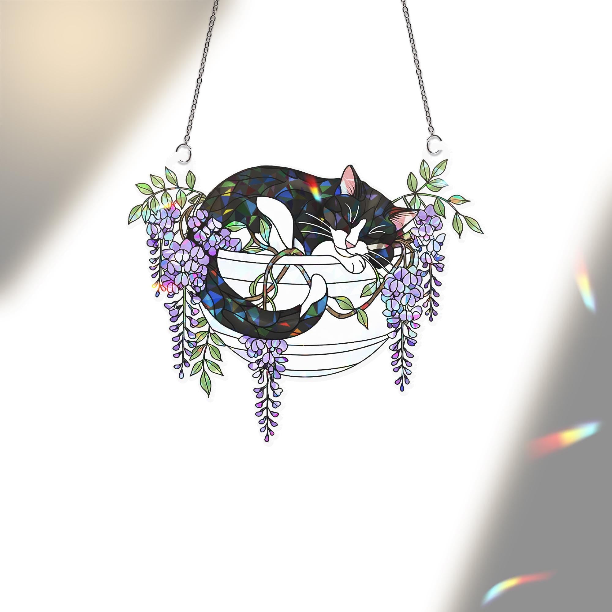 Tuxedo Cat with Wisteria Flowers Hologram Ornament, Sleeping Tuxedo Cat ACRYLIC Hanging Window Decor, Wisteria Floral Art, Cat Lover Gift