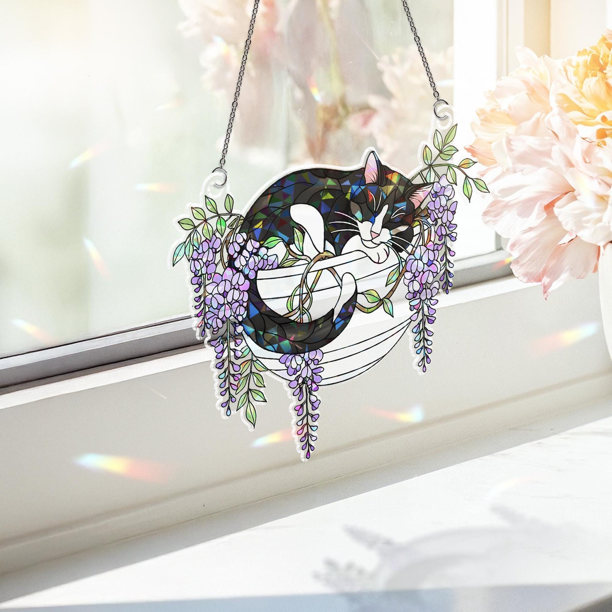 Tuxedo Cat with Wisteria Flowers Hologram Ornament, Sleeping Tuxedo Cat ACRYLIC Hanging Window Decor, Wisteria Floral Art, Cat Lover Gift