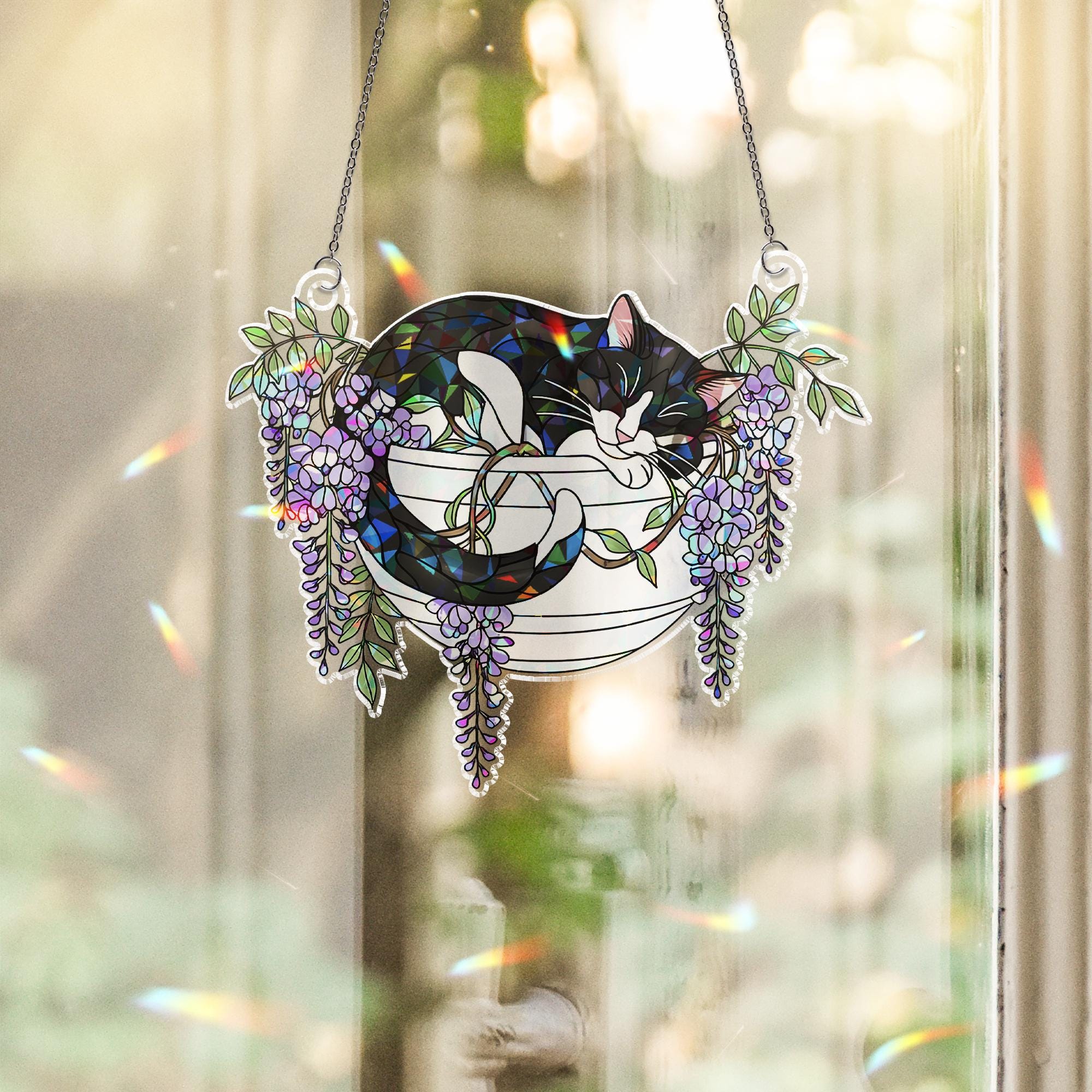 Tuxedo Cat with Wisteria Flowers Hologram Ornament, Sleeping Tuxedo Cat ACRYLIC Hanging Window Decor, Wisteria Floral Art, Cat Lover Gift