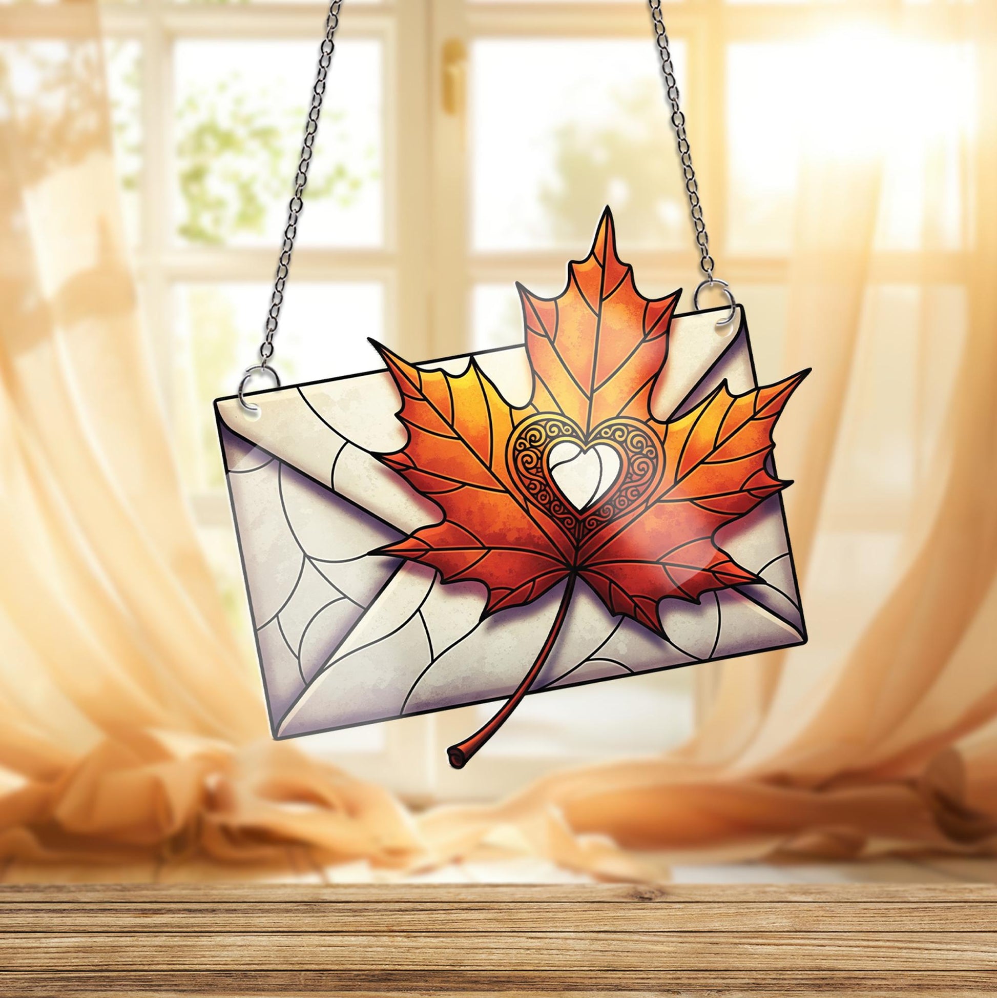 Autumn Love Letter Window Hanging – Stained Glass Style Maple Leaf Envelope Suncatcher for Fall Home or Romantic Gift Decor