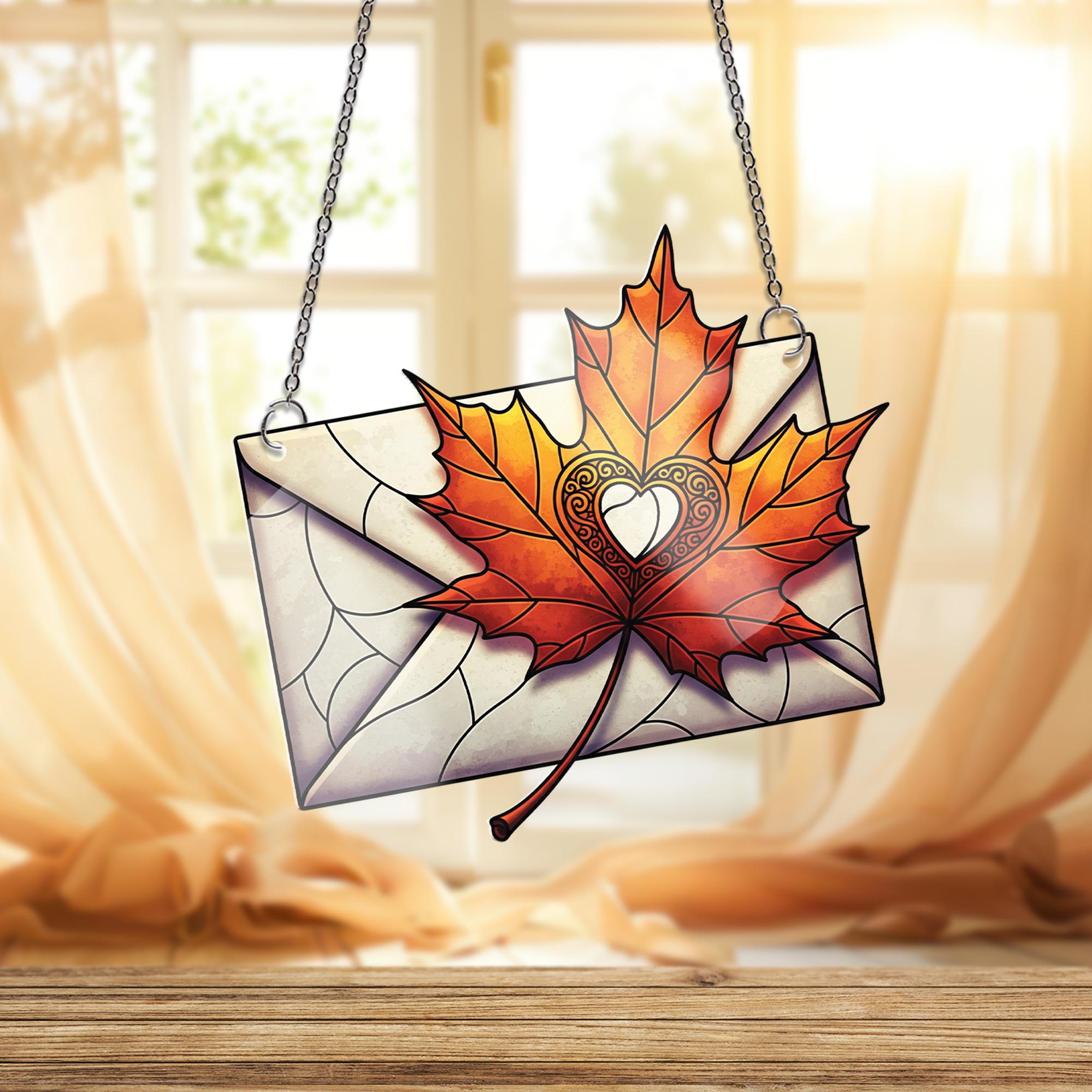 Autumn Love Letter Window Hanging – Stained Glass Style Maple Leaf Envelope Suncatcher for Fall Home or Romantic Gift Decor