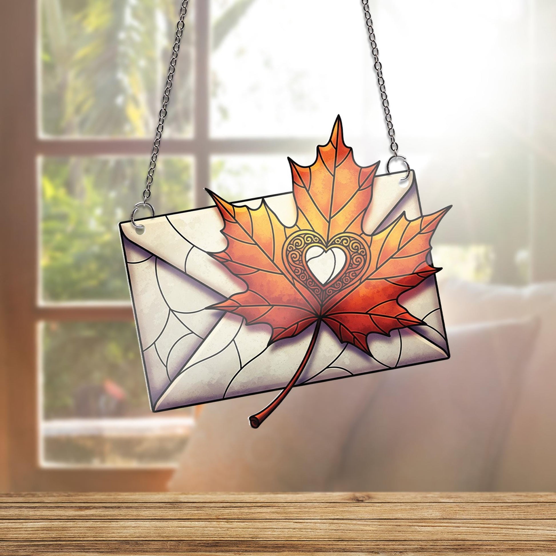Autumn Love Letter Window Hanging – Stained Glass Style Maple Leaf Envelope Suncatcher for Fall Home or Romantic Gift Decor