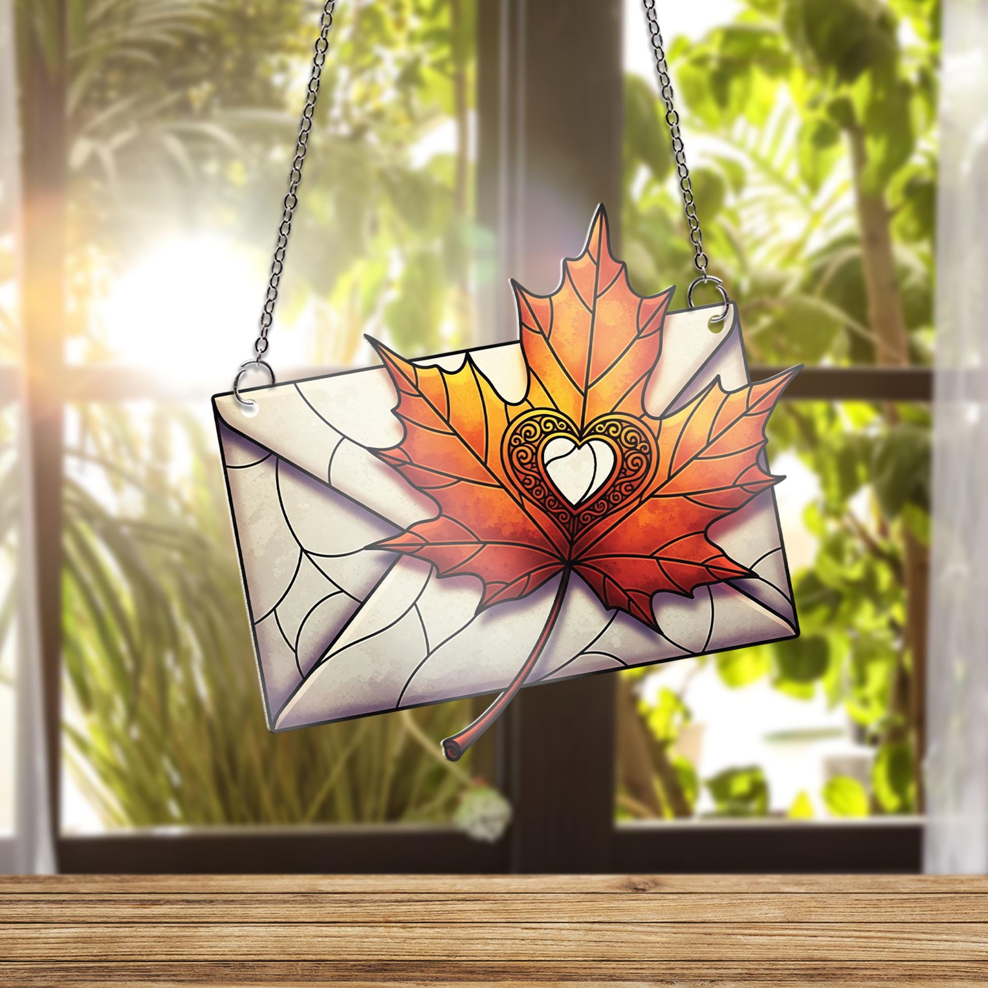 Autumn Love Letter Window Hanging – Stained Glass Style Maple Leaf Envelope Suncatcher for Fall Home or Romantic Gift Decor