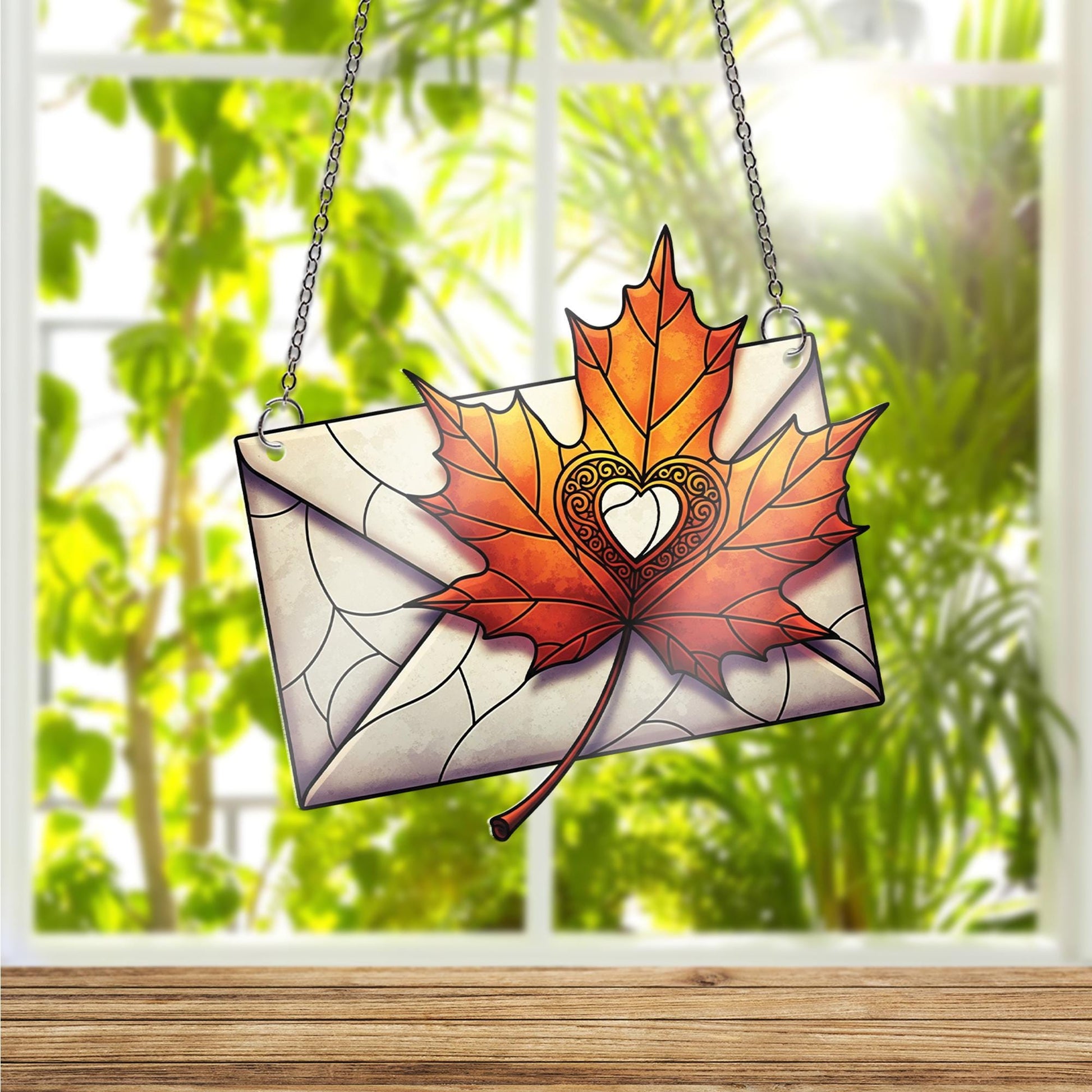 Autumn Love Letter Window Hanging – Stained Glass Style Maple Leaf Envelope Suncatcher for Fall Home or Romantic Gift Decor