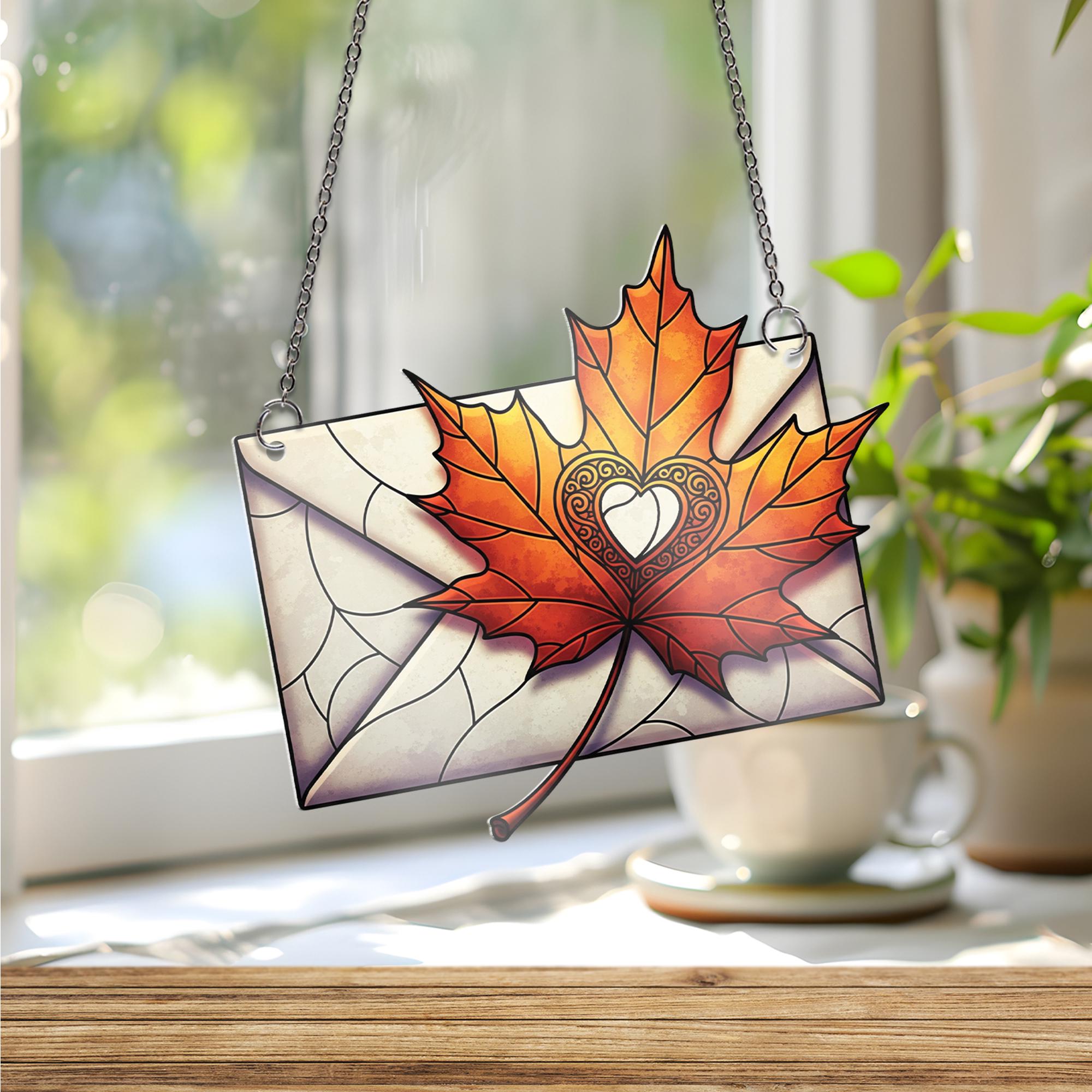 Autumn Love Letter Window Hanging – Stained Glass Style Maple Leaf Envelope Suncatcher for Fall Home or Romantic Gift Decor