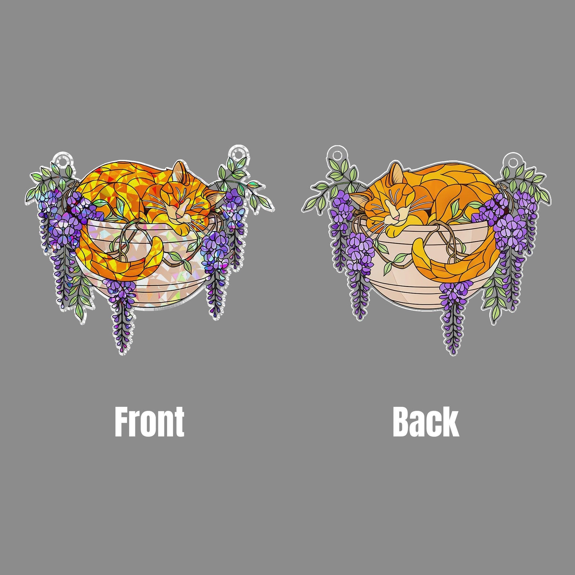 Orange Cat with Wisteria Flowers Hologram Ornament, Sleeping Orange Cat ACRYLIC Hanging Window Decor, Wisteria Floral Art , Cat Lover Gift