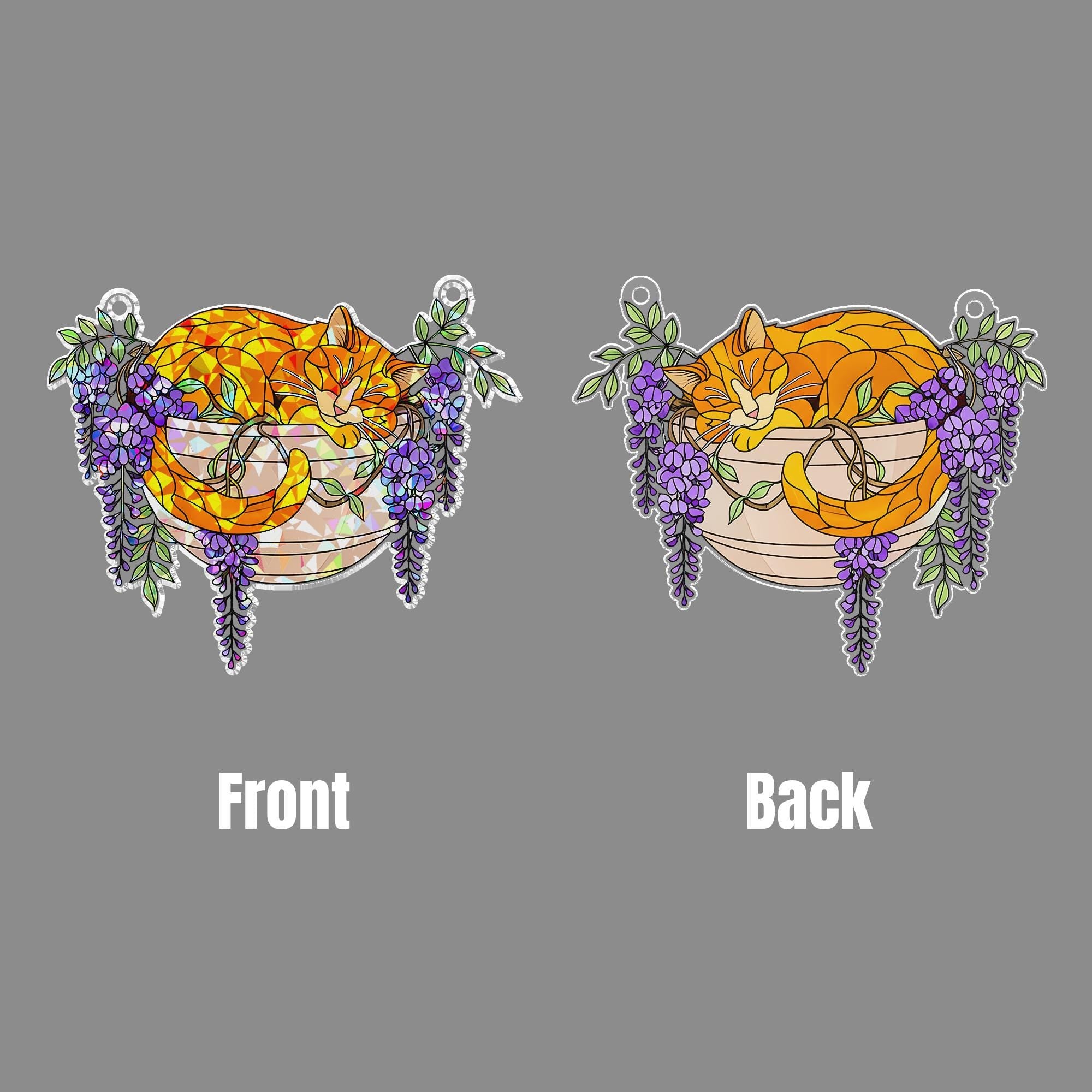 Orange Cat with Wisteria Flowers Hologram Ornament, Sleeping Orange Cat ACRYLIC Hanging Window Decor, Wisteria Floral Art , Cat Lover Gift