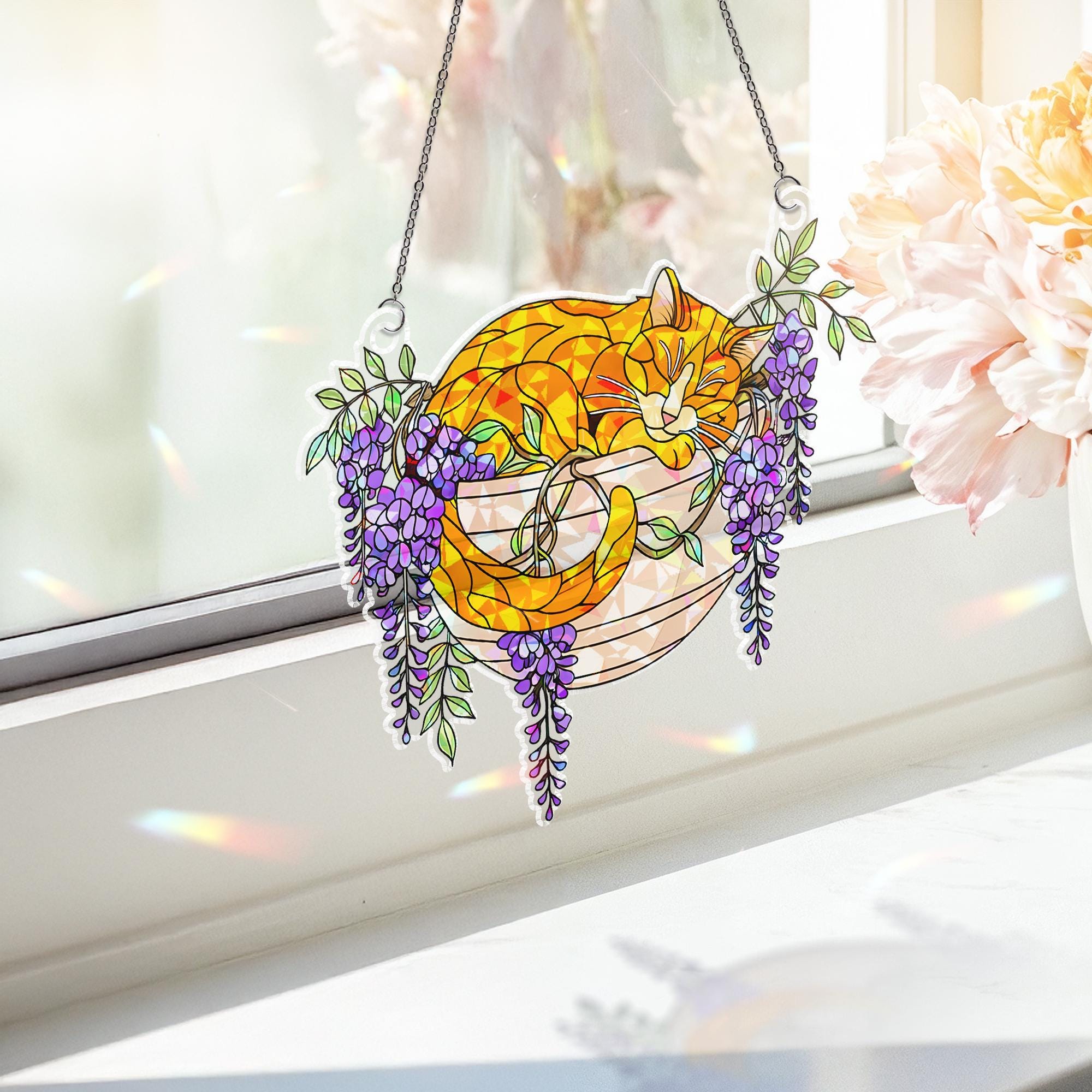 Orange Cat with Wisteria Flowers Hologram Ornament, Sleeping Orange Cat ACRYLIC Hanging Window Decor, Wisteria Floral Art , Cat Lover Gift