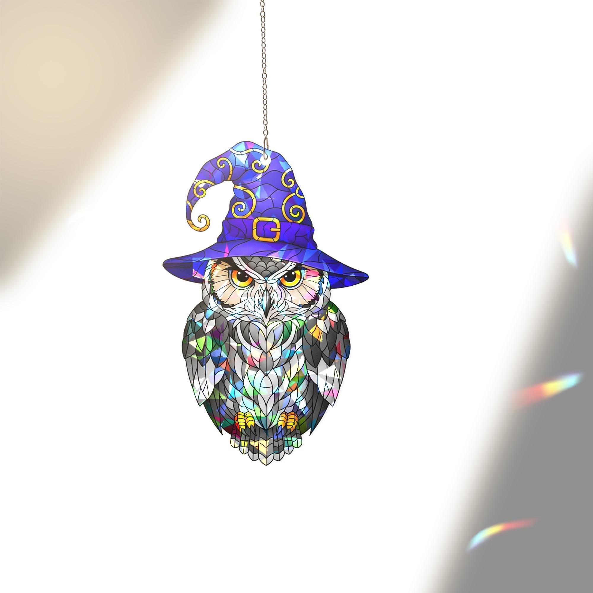 Witchy Owl Hologram Window Hanging – Stained Glass Style Halloween Suncatcher for Spooky Fall Home or Gift Decor