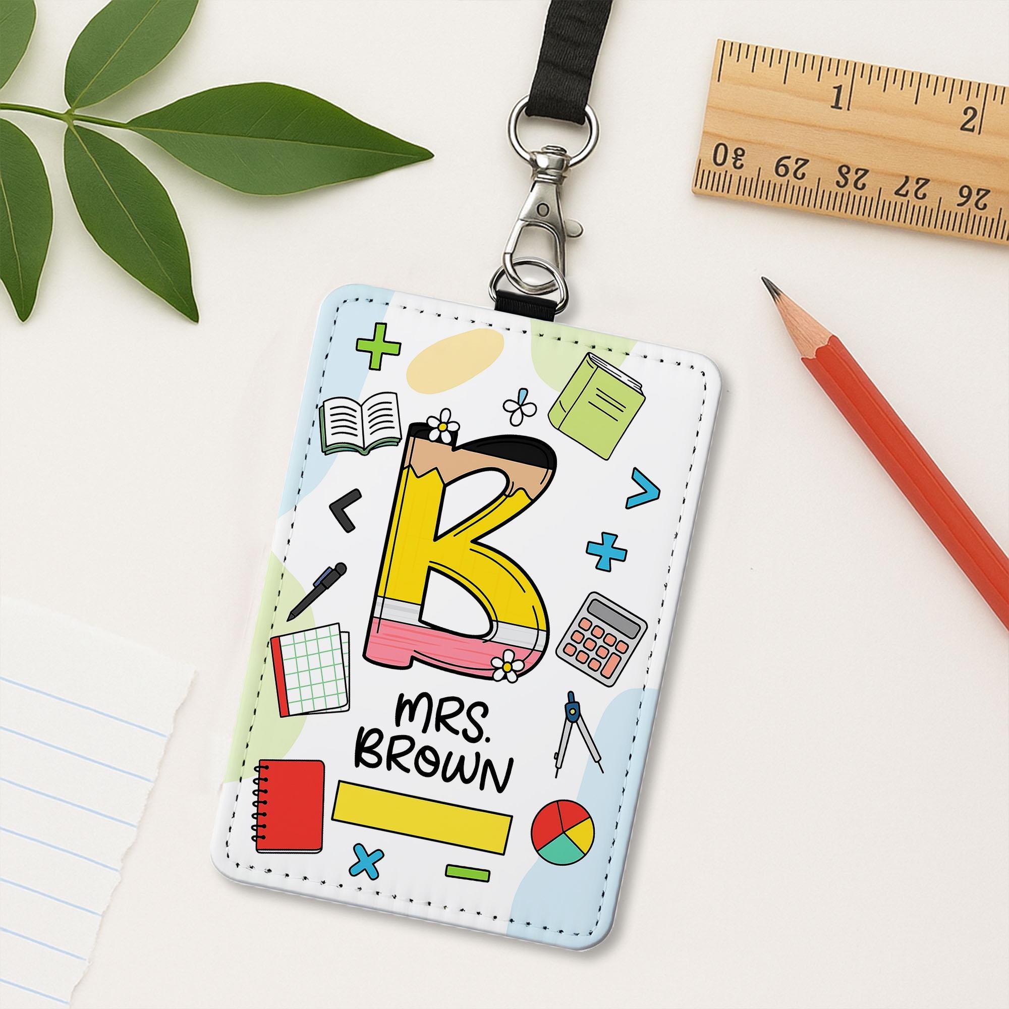 Custom Teacher ID Badge Holder, Personalized Math Theme Name Tag, Back to School Lanyard Gift for Mrs. Brown, Classroom Accessory