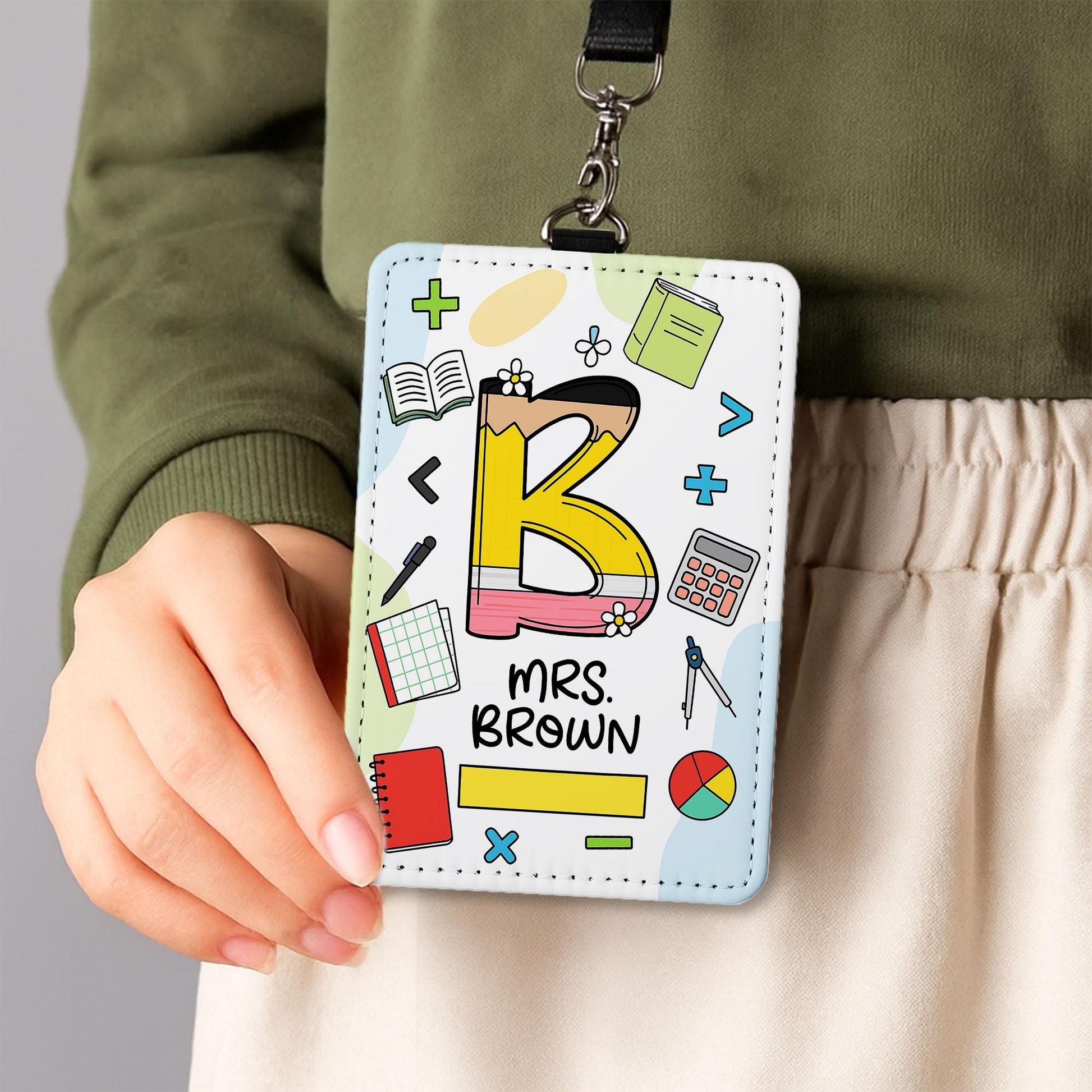 Custom Teacher ID Badge Holder, Personalized Math Theme Name Tag, Back to School Lanyard Gift for Mrs. Brown, Classroom Accessory