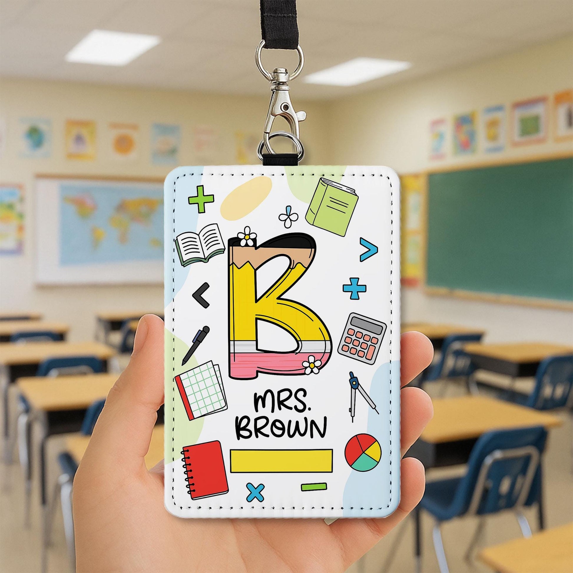 Custom Teacher ID Badge Holder, Personalized Math Theme Name Tag, Back to School Lanyard Gift for Mrs. Brown, Classroom Accessory