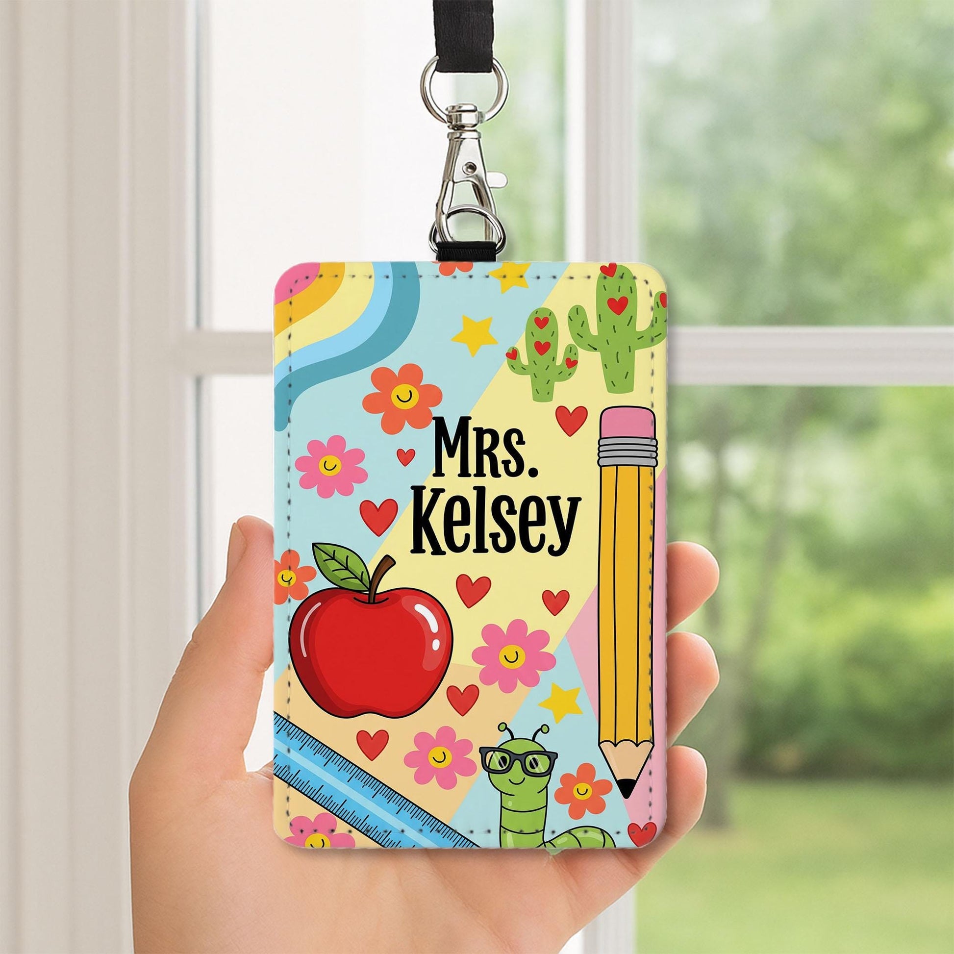 Custom Teacher Badge Holder, Cute Leather ID Tag, Personalized Lanyard Name Tag, Back to School Gift for Educators