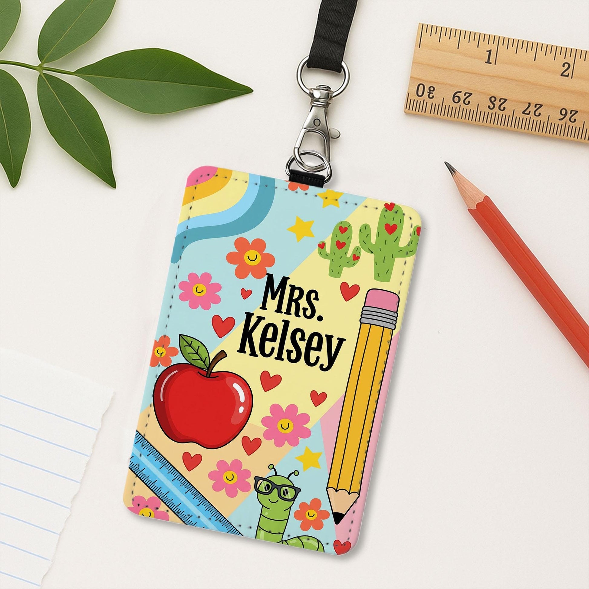 Custom Teacher Badge Holder, Cute Leather ID Tag, Personalized Lanyard Name Tag, Back to School Gift for Educators