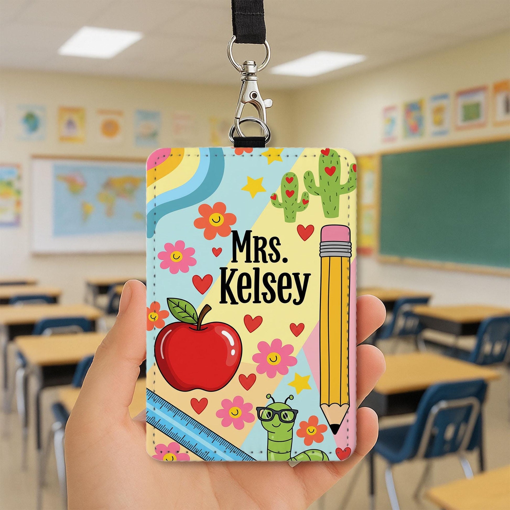 Custom Teacher Badge Holder, Cute Leather ID Tag, Personalized Lanyard Name Tag, Back to School Gift for Educators