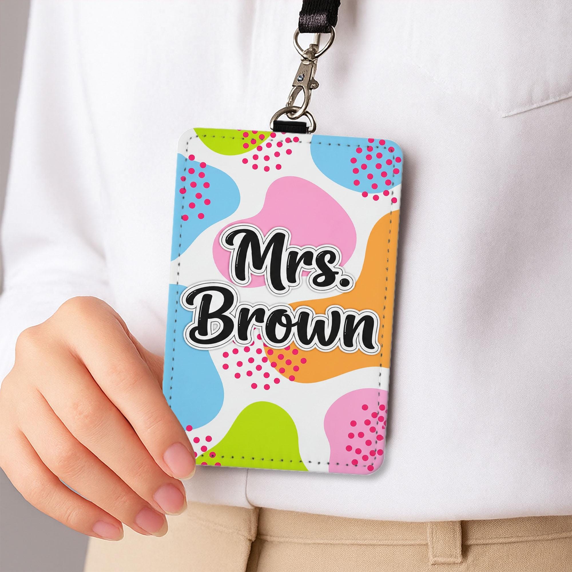 Colorful Teacher Badge Holder, Custom Name ID Tag, Personalized Leather Lanyard, Fun Back to School Gift for Educators