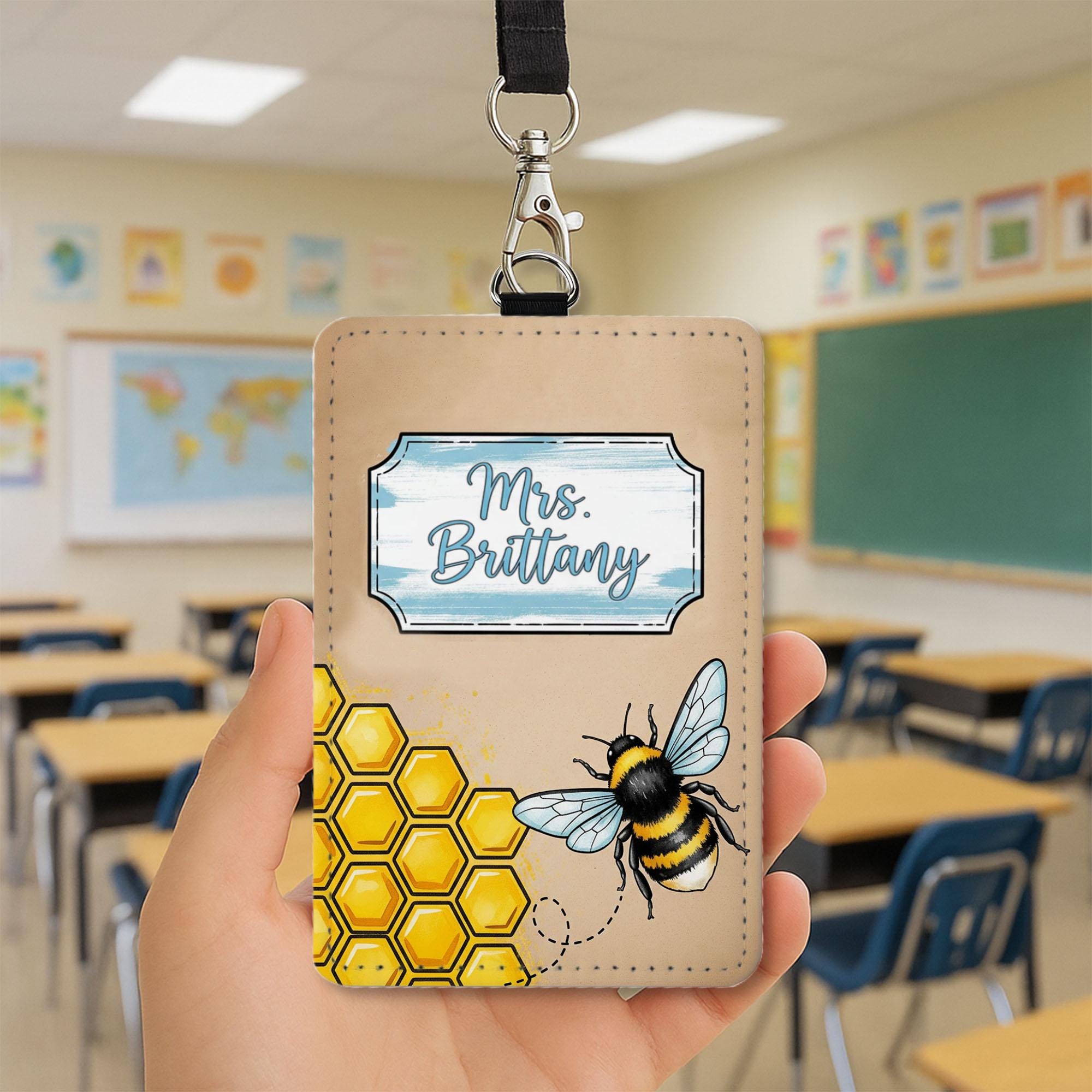 Bee Themed Name Badge Holder, Custom Leather ID Tag for Teachers, Cute Honeybee Lanyard, Personalized Back to School Gift