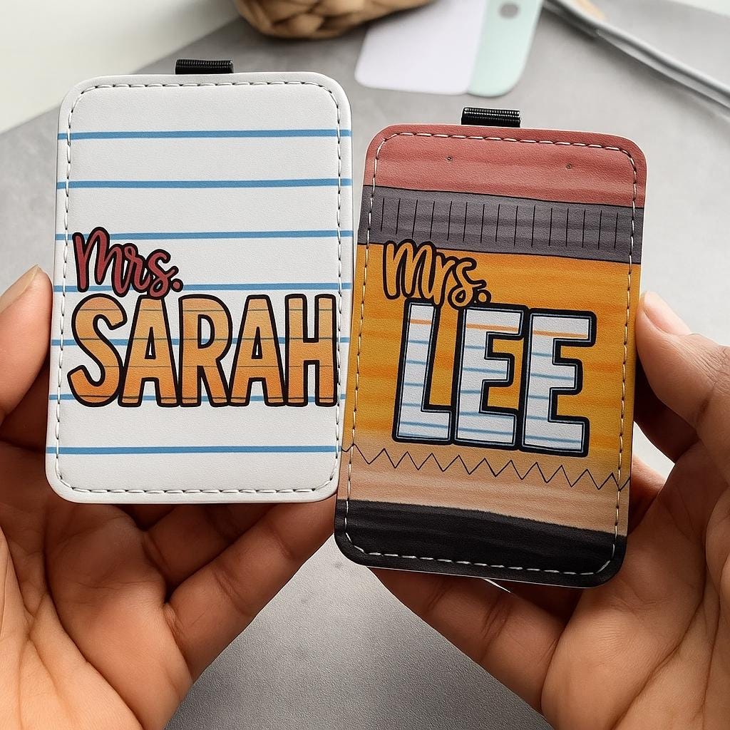 Custom Teacher ID Badge Holder, Personalized Name Tag with Notebook or Pencil Design, Cute Back to School Gift for Educators