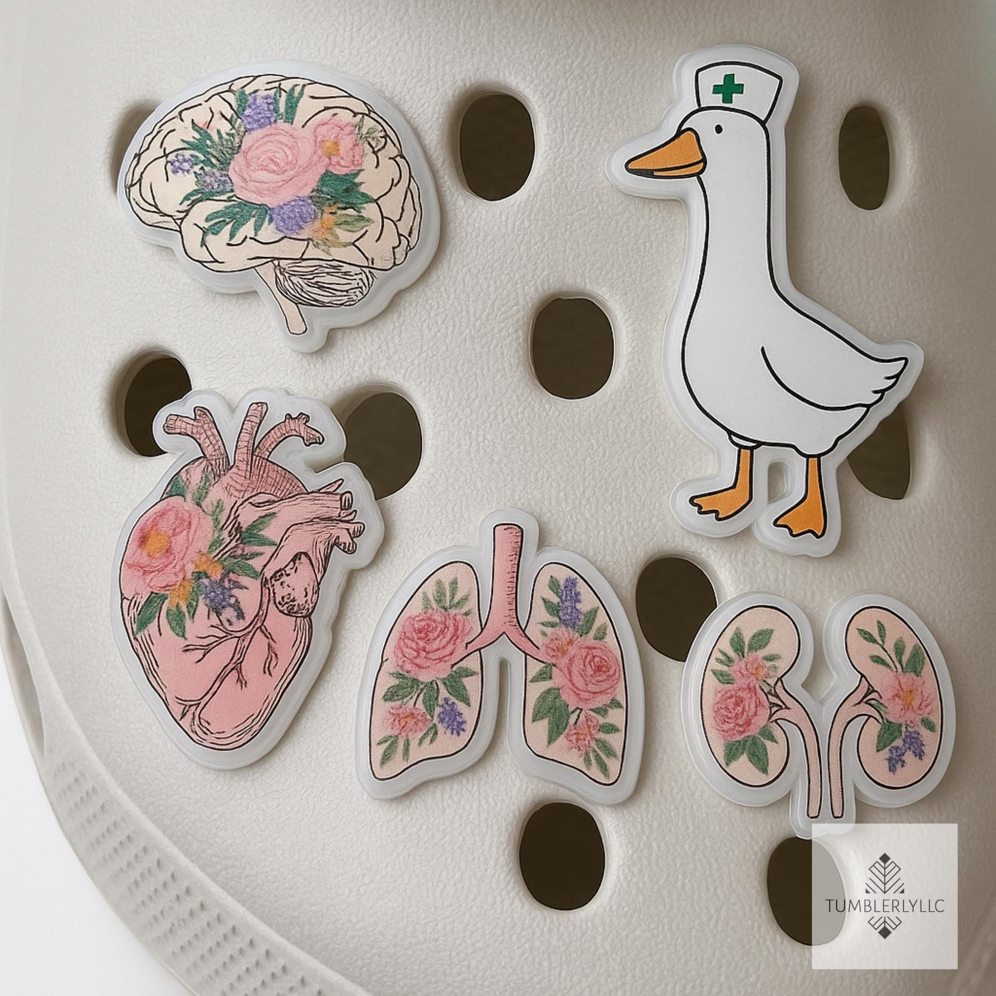 Floral Anatomy Shoe Charms, Custom Acrylic Accessories Set, Cute Nurse silly goose Charm, Medical Organs with Flowers Gift for Healthcare
