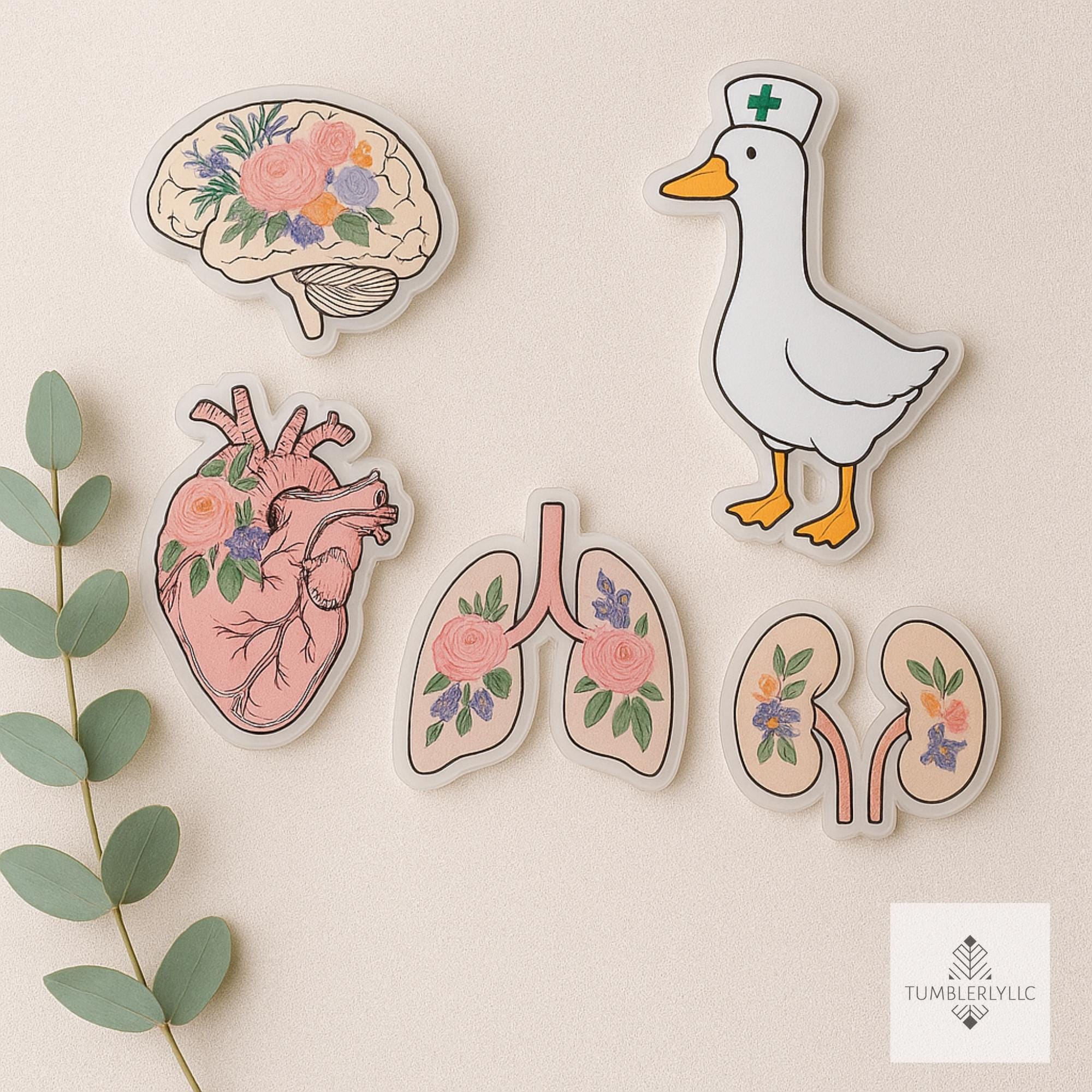 Floral Anatomy Shoe Charms, Custom Acrylic Accessories Set, Cute Nurse silly goose Charm, Medical Organs with Flowers Gift for Healthcare