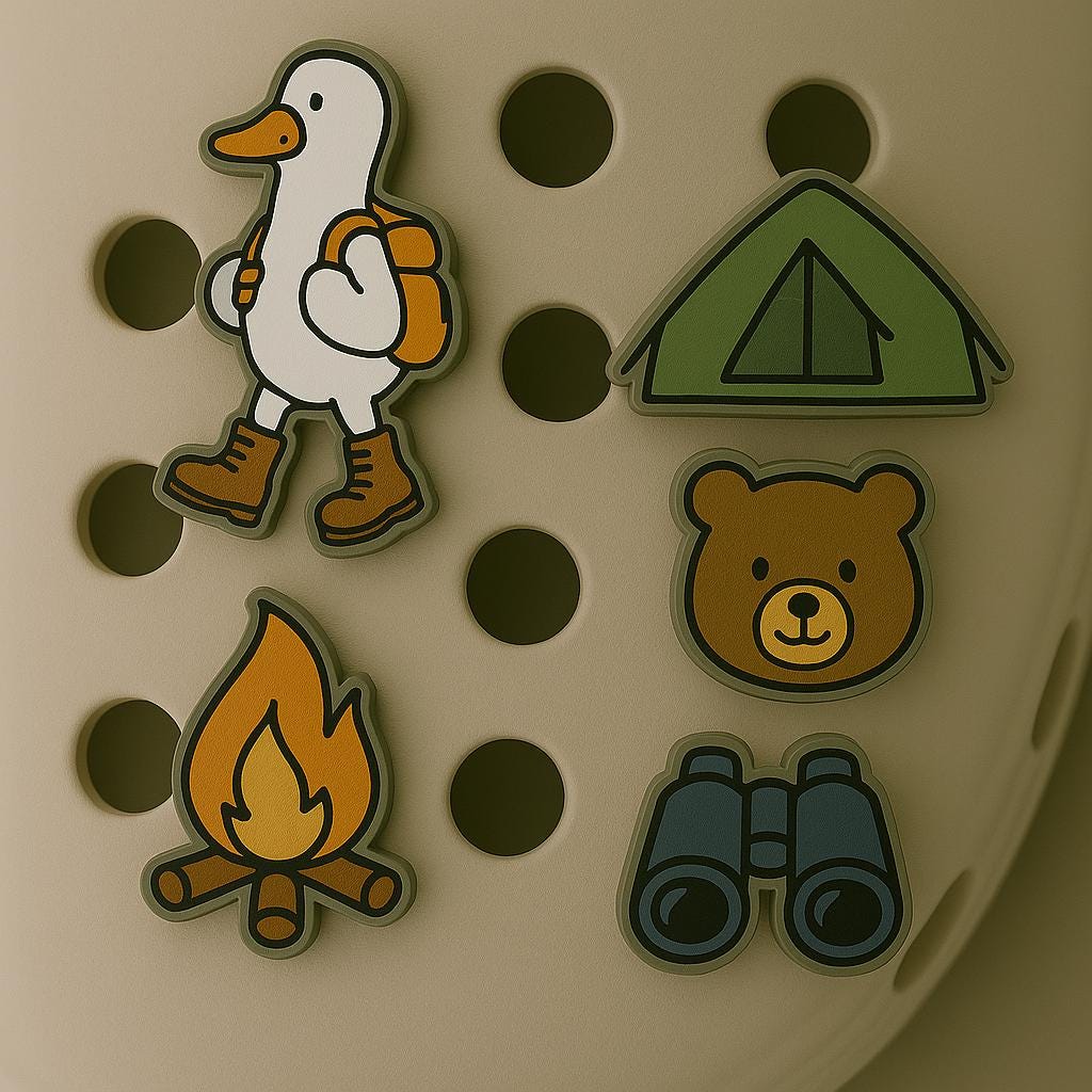 Camping Shoe Charms Set, Custom Summer Acrylic sandal Accessories, Hiking silly goose, custom charm, Campfire, Bear & Outdoor Gift