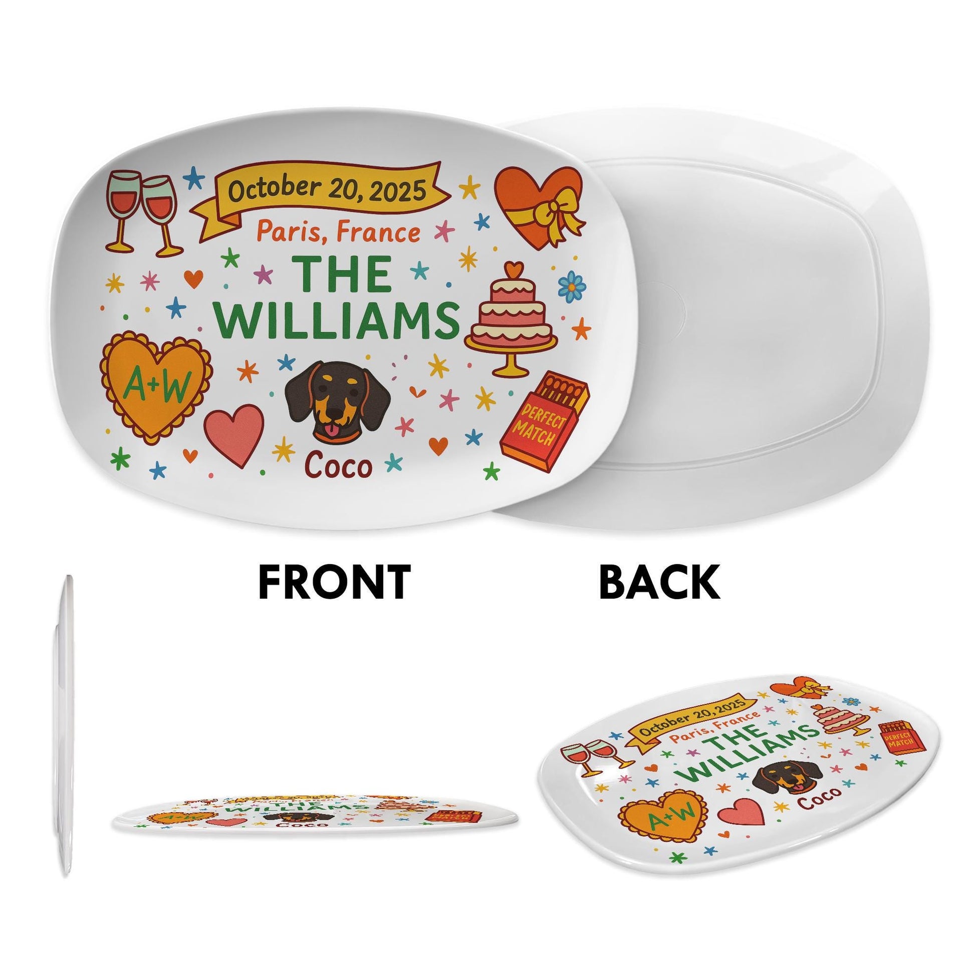 Custom Wedding Platter with Dog, Personalized Couple Gift with Name, Date & Location, Themed Anniversary Keepsake Plate