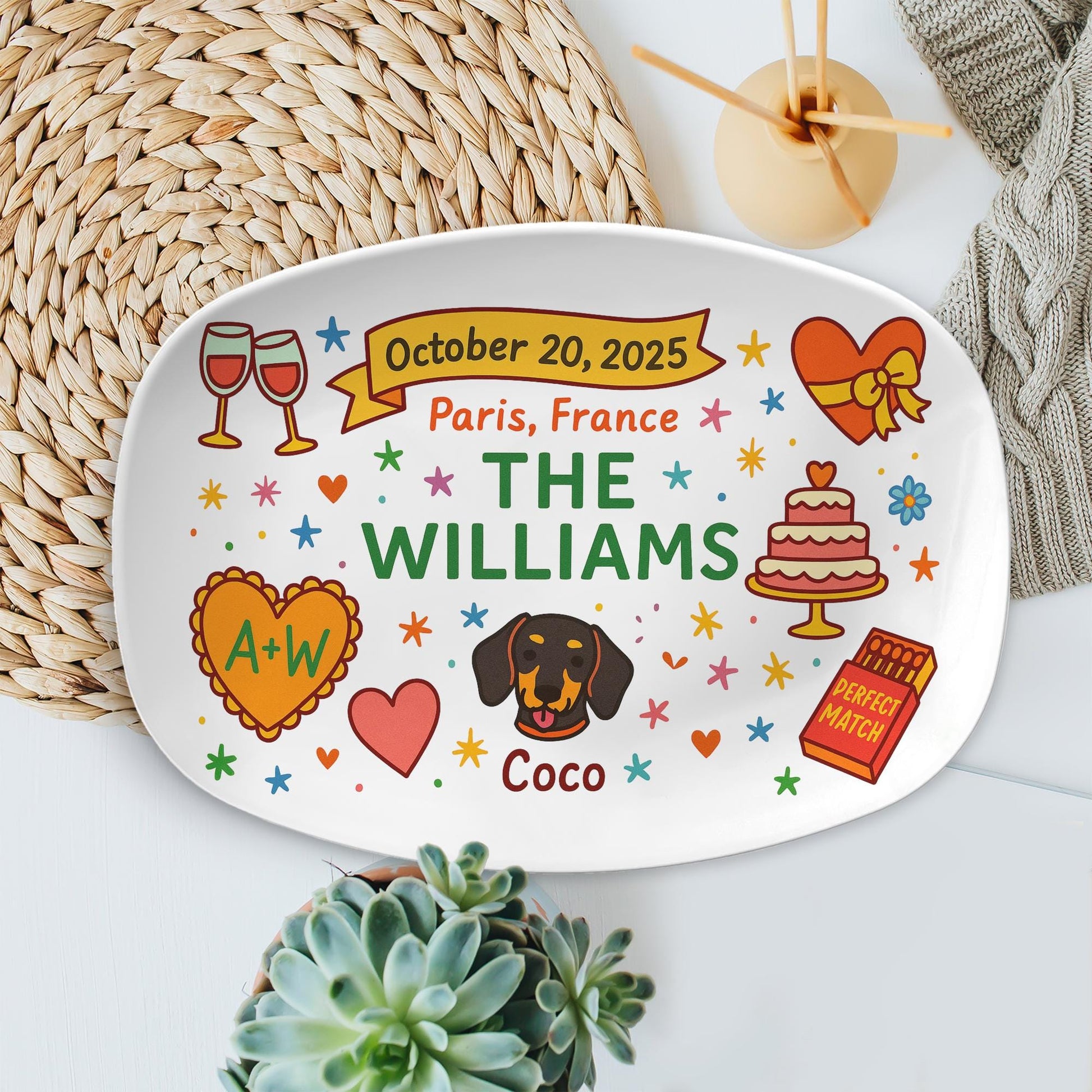 Custom Wedding Platter with Dog, Personalized Couple Gift with Name, Date & Location, Themed Anniversary Keepsake Plate