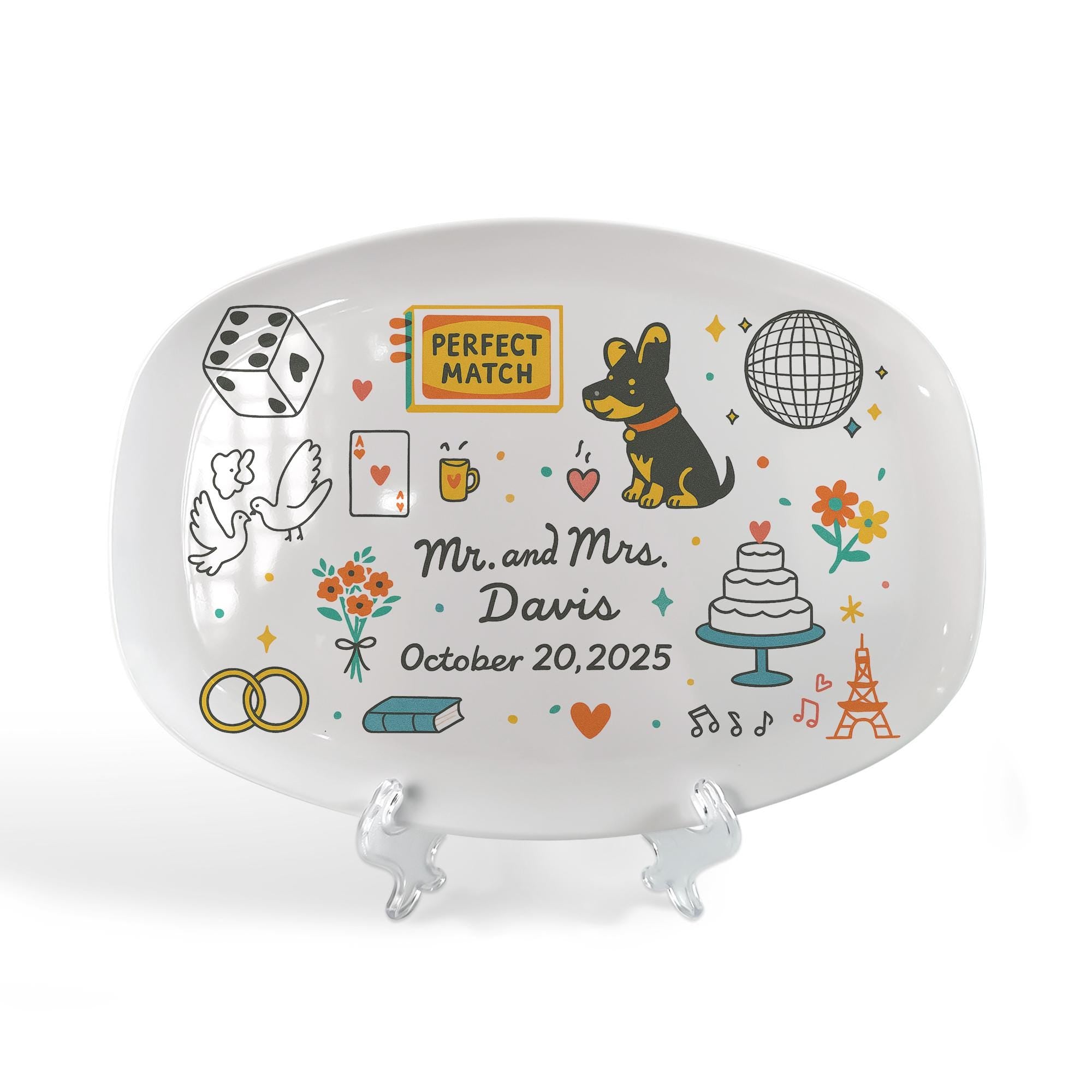 Custom Wedding Platter, Personalized Couple Gift with Date & Dog, Perfect Match Design, Engagement or Anniversary Keepsake plate