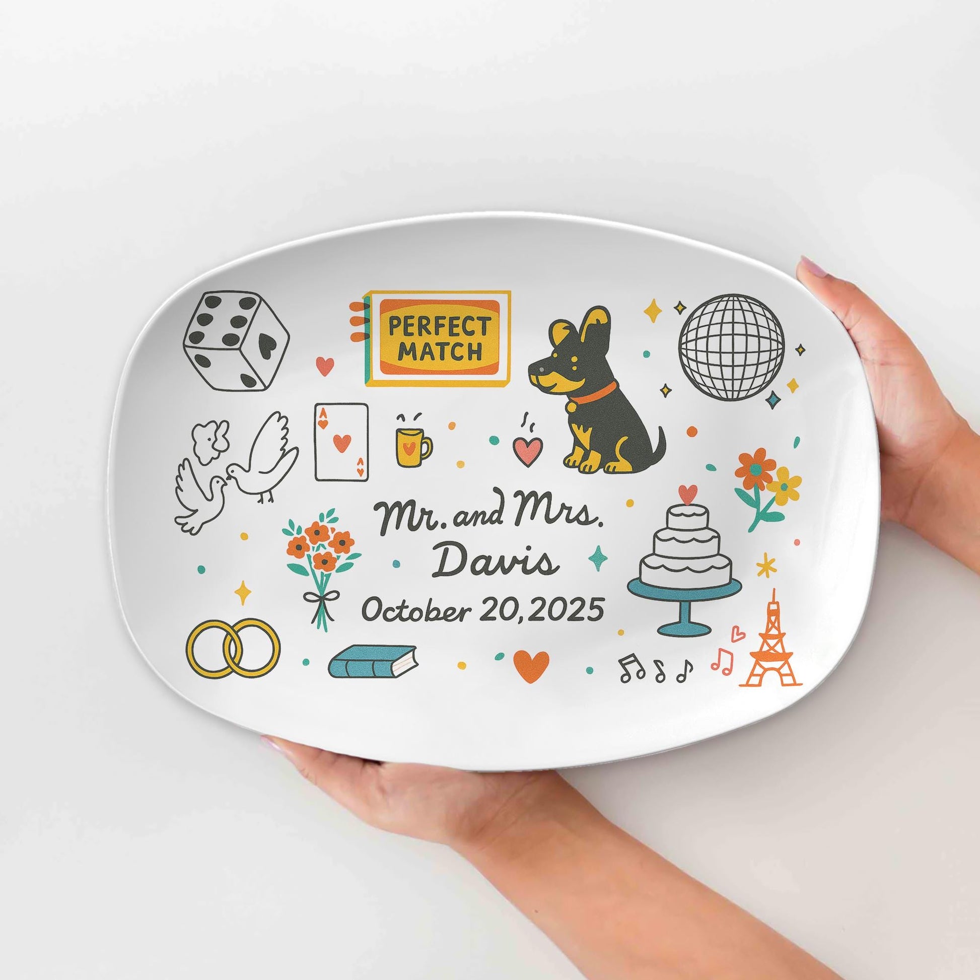 Custom Wedding Platter, Personalized Couple Gift with Date & Dog, Perfect Match Design, Engagement or Anniversary Keepsake plate