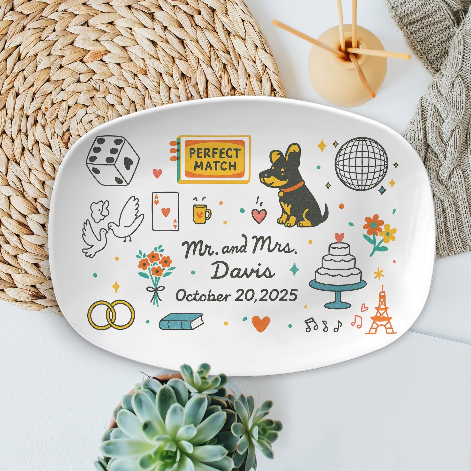 Custom Wedding Platter, Personalized Couple Gift with Date & Dog, Perfect Match Design, Engagement or Anniversary Keepsake plate
