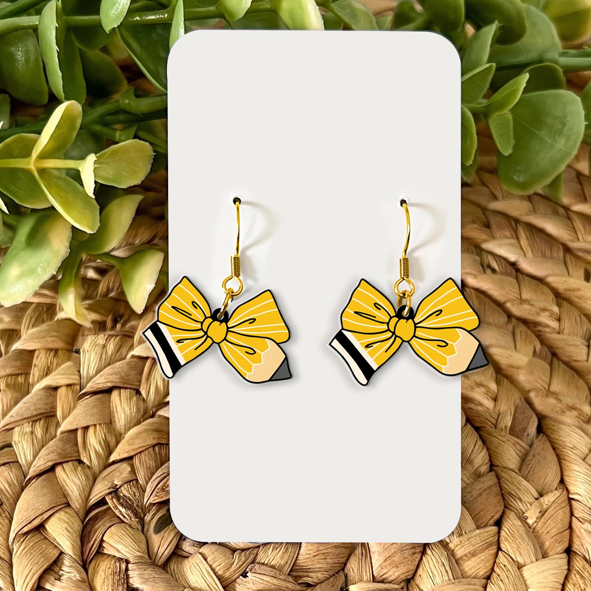 Pencil Bow Earrings for Teachers, Cute Yellow Acrylic Dangle Earrings, Back to School Gift, Fun Classroom Accessory for Educators