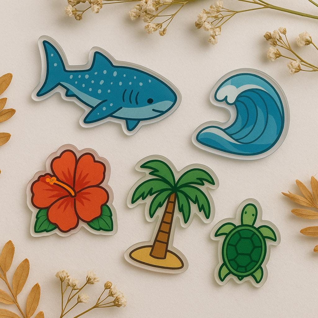 Tropical Summer shoe acrylic Charms , Beach Theme Acrylic Shoe Accessories, Palm Tree, Turtle, Wave, Shark & Hibiscus Sandal Charms
