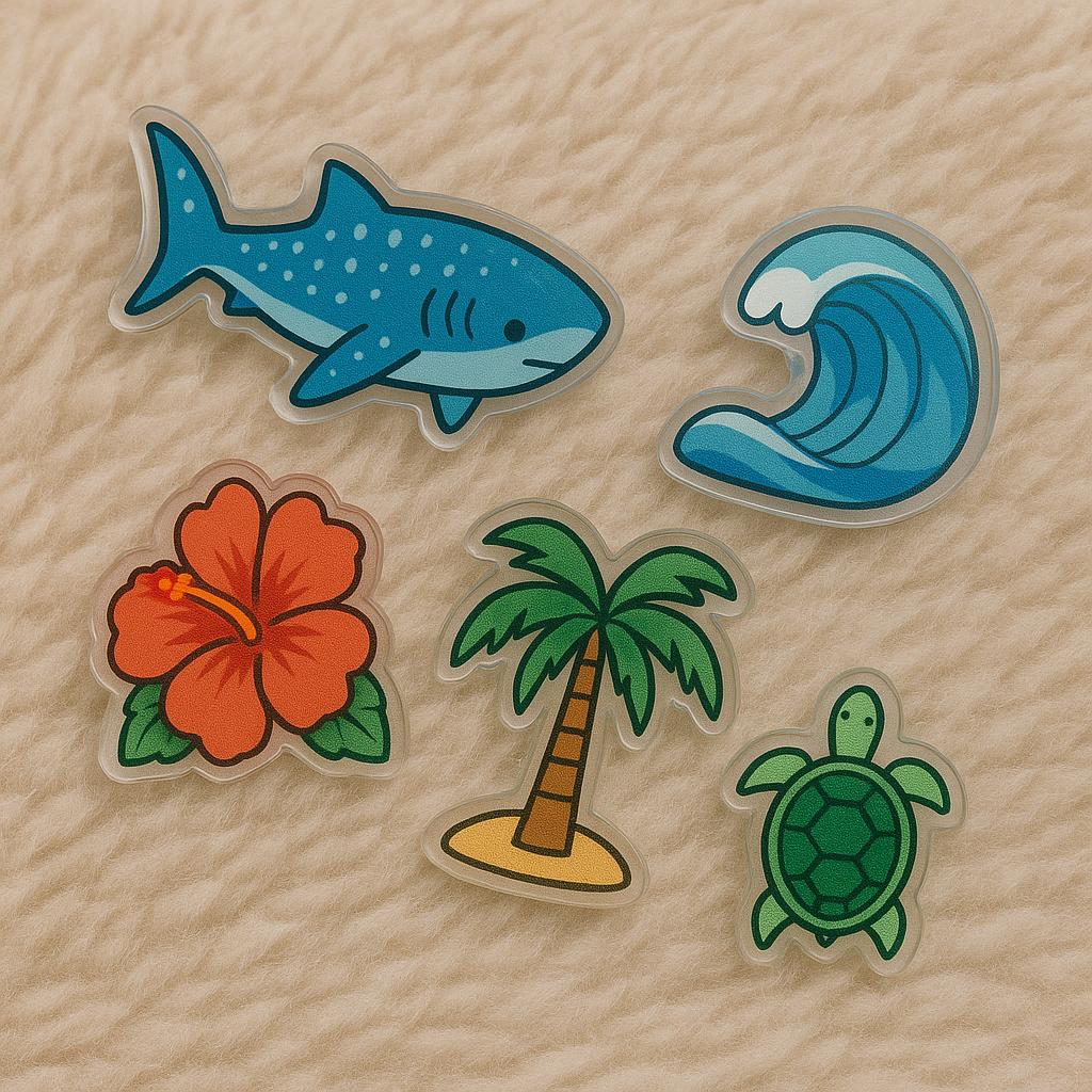 Tropical Summer shoe acrylic Charms , Beach Theme Acrylic Shoe Accessories, Palm Tree, Turtle, Wave, Shark & Hibiscus Sandal Charms