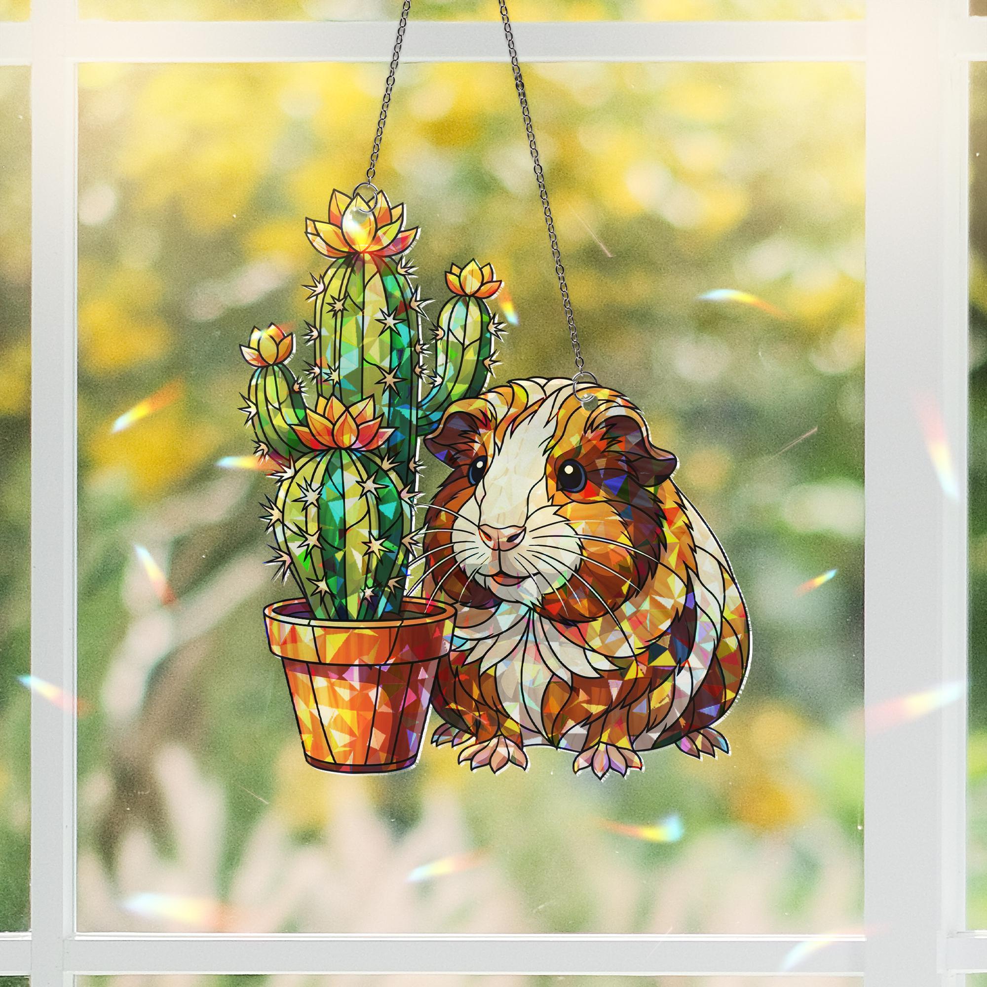 Guinea Pig Holographic Suncatcher, Acrylic Window Hanging with Cactus, Cute Rainbow Pet Lover Gift, Sunlight Prism Decor