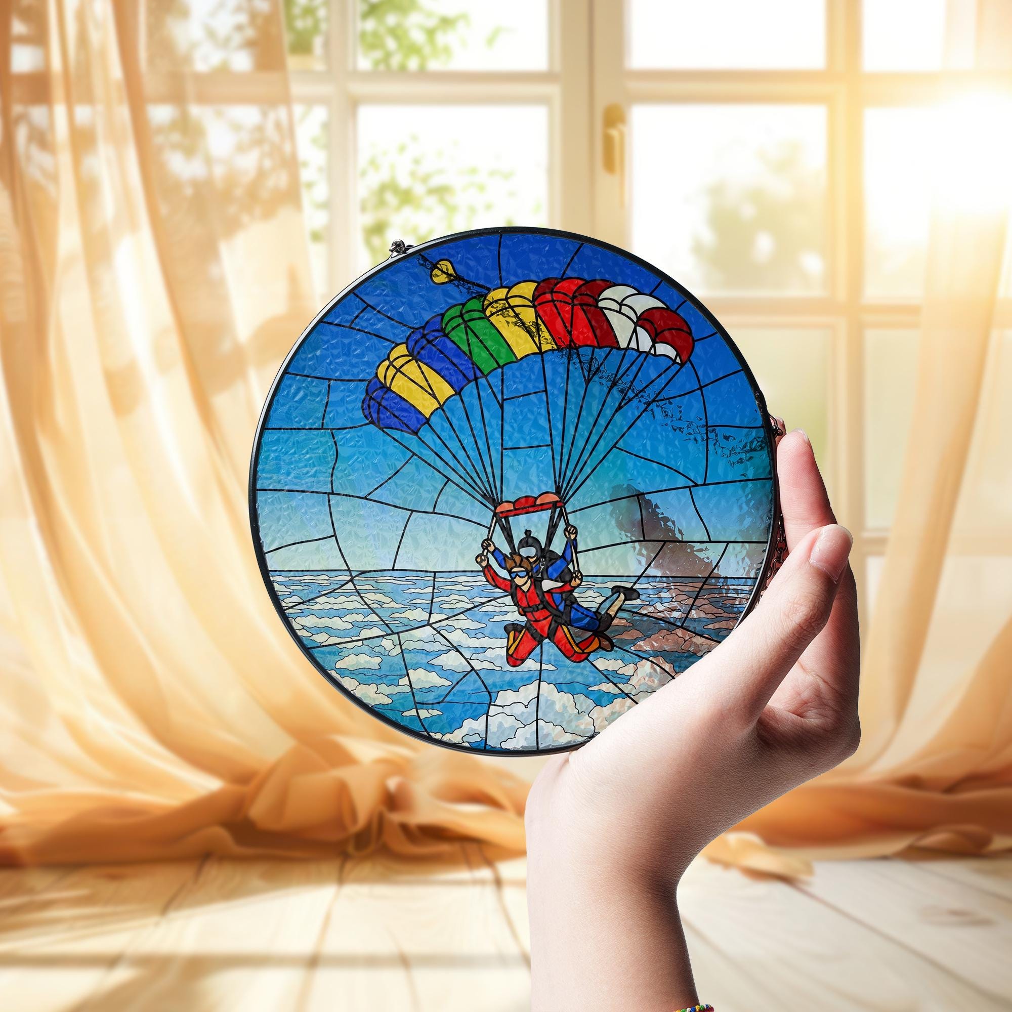 Skydiving Couple Glass Suncatcher, Glass Anniversary Gift, Adventure Love Window Decor, Colorful Parachute Keepsake