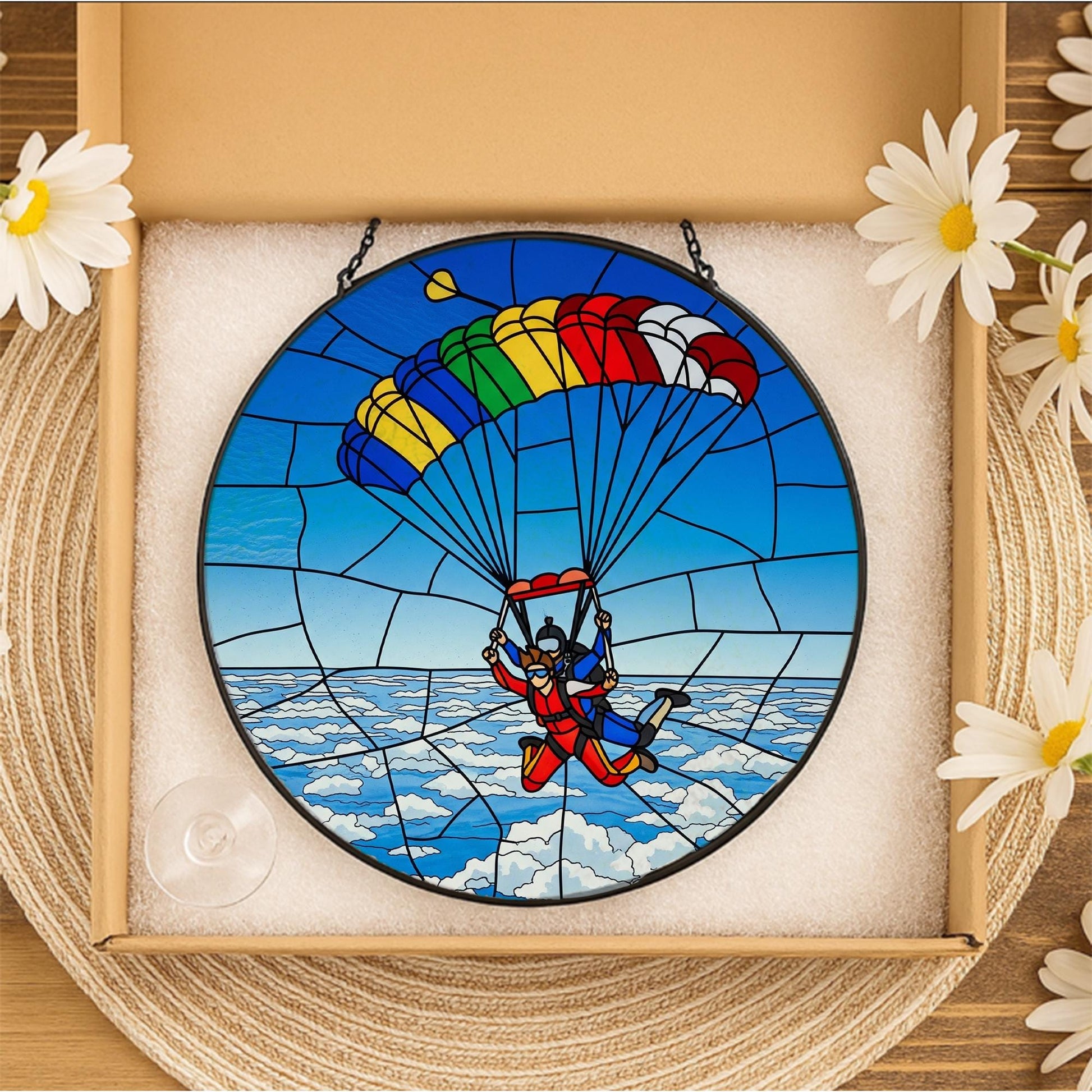 Skydiving Couple Glass Suncatcher, Glass Anniversary Gift, Adventure Love Window Decor, Colorful Parachute Keepsake