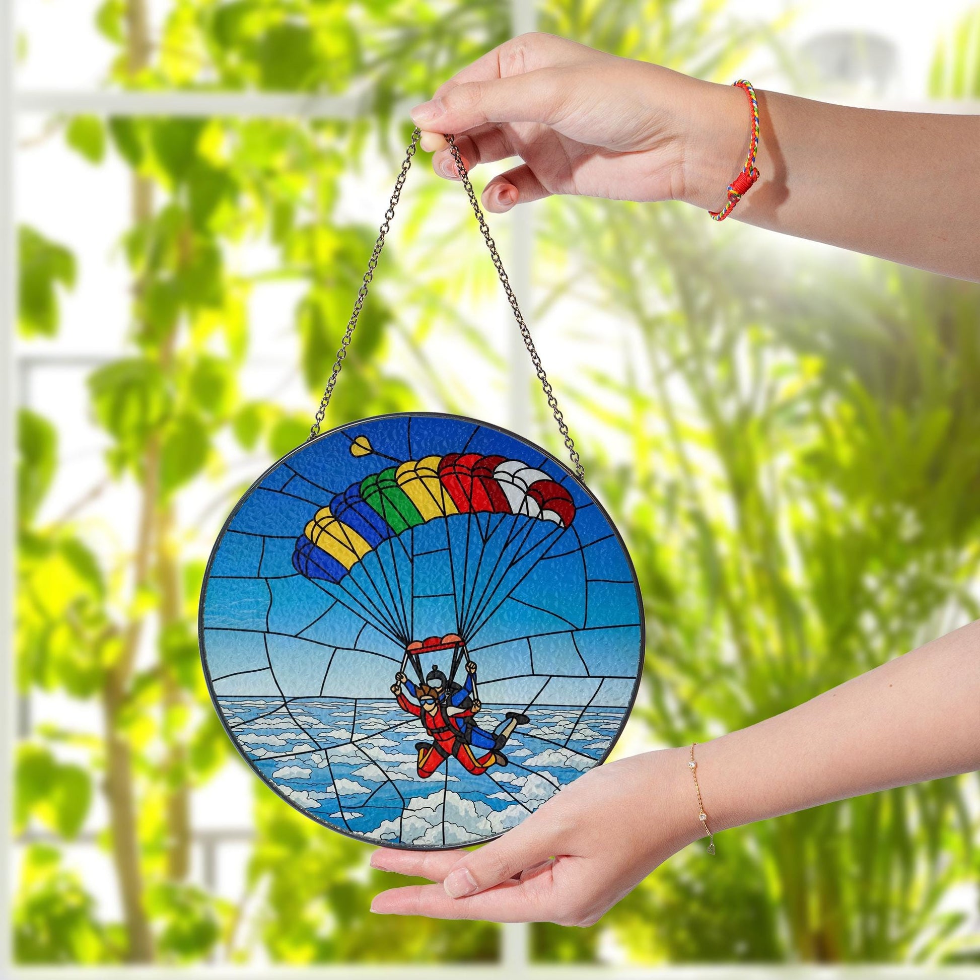 Skydiving Couple Glass Suncatcher, Glass Anniversary Gift, Adventure Love Window Decor, Colorful Parachute Keepsake