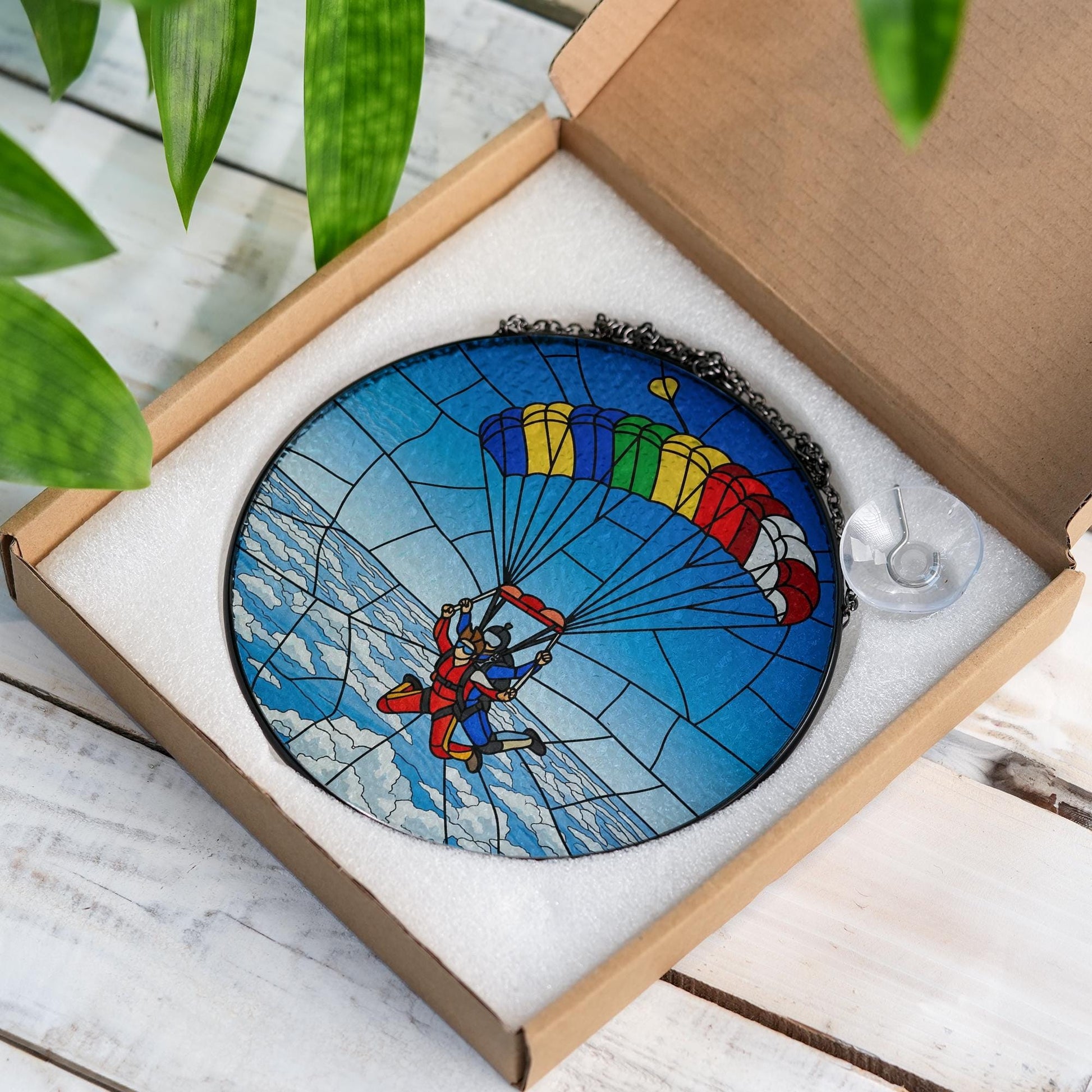 Skydiving Couple Glass Suncatcher, Glass Anniversary Gift, Adventure Love Window Decor, Colorful Parachute Keepsake