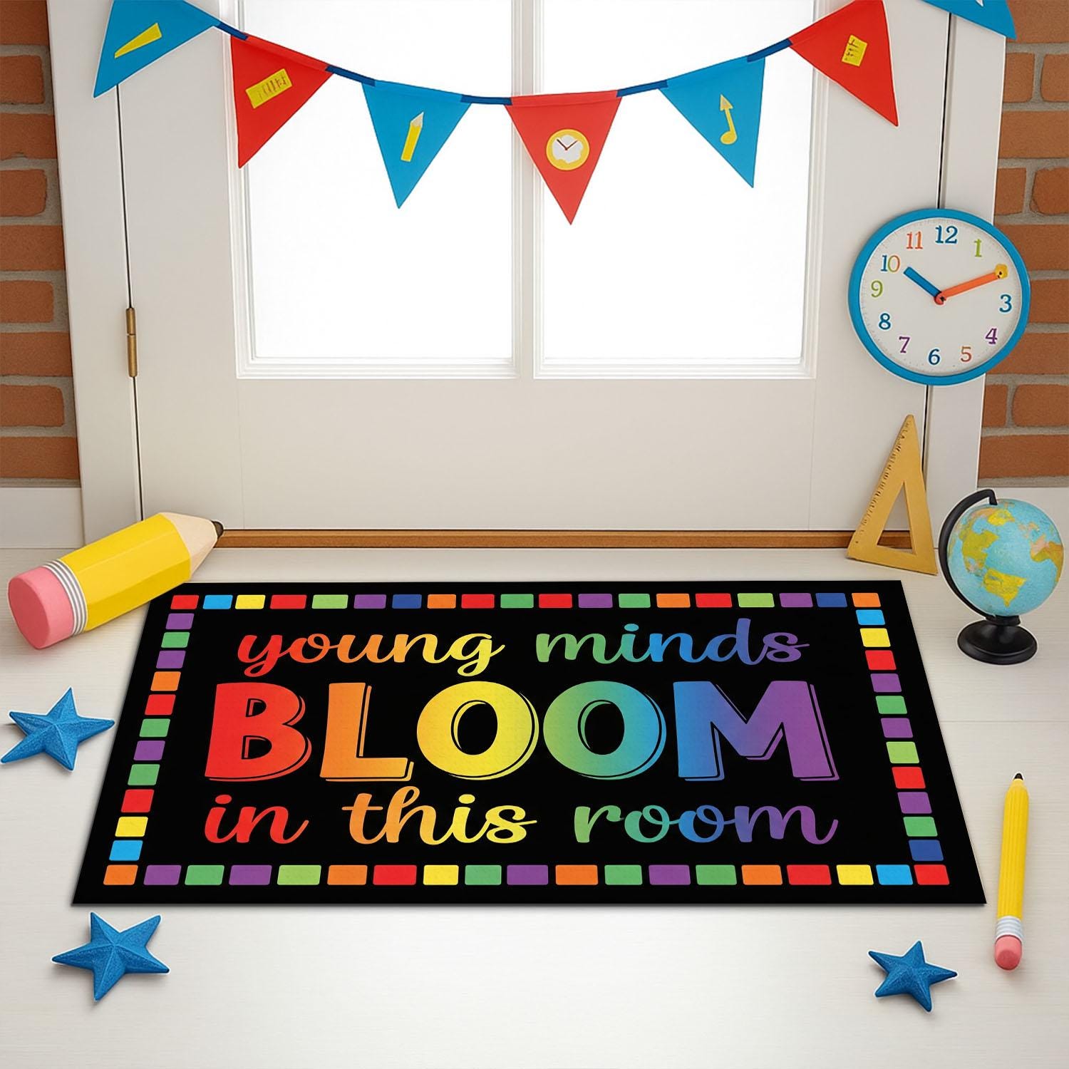 Young Minds Bloom Rug, Classroom Welcome Mat, Rainbow Teacher Doormat, Preschool Room Decor, Colorful Entry Rug for Teachers